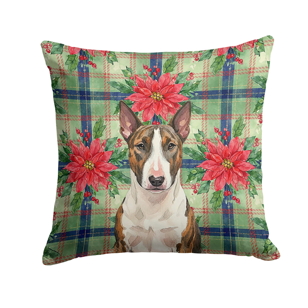 Brindle and White Bull Terrier Christmas PoinsettIas Decorative Throw Pillow 18x18 Indoor Outdoor Accent Cushion, Fabric Cover with Insert for Sofa, Bed, Porch & Living Room