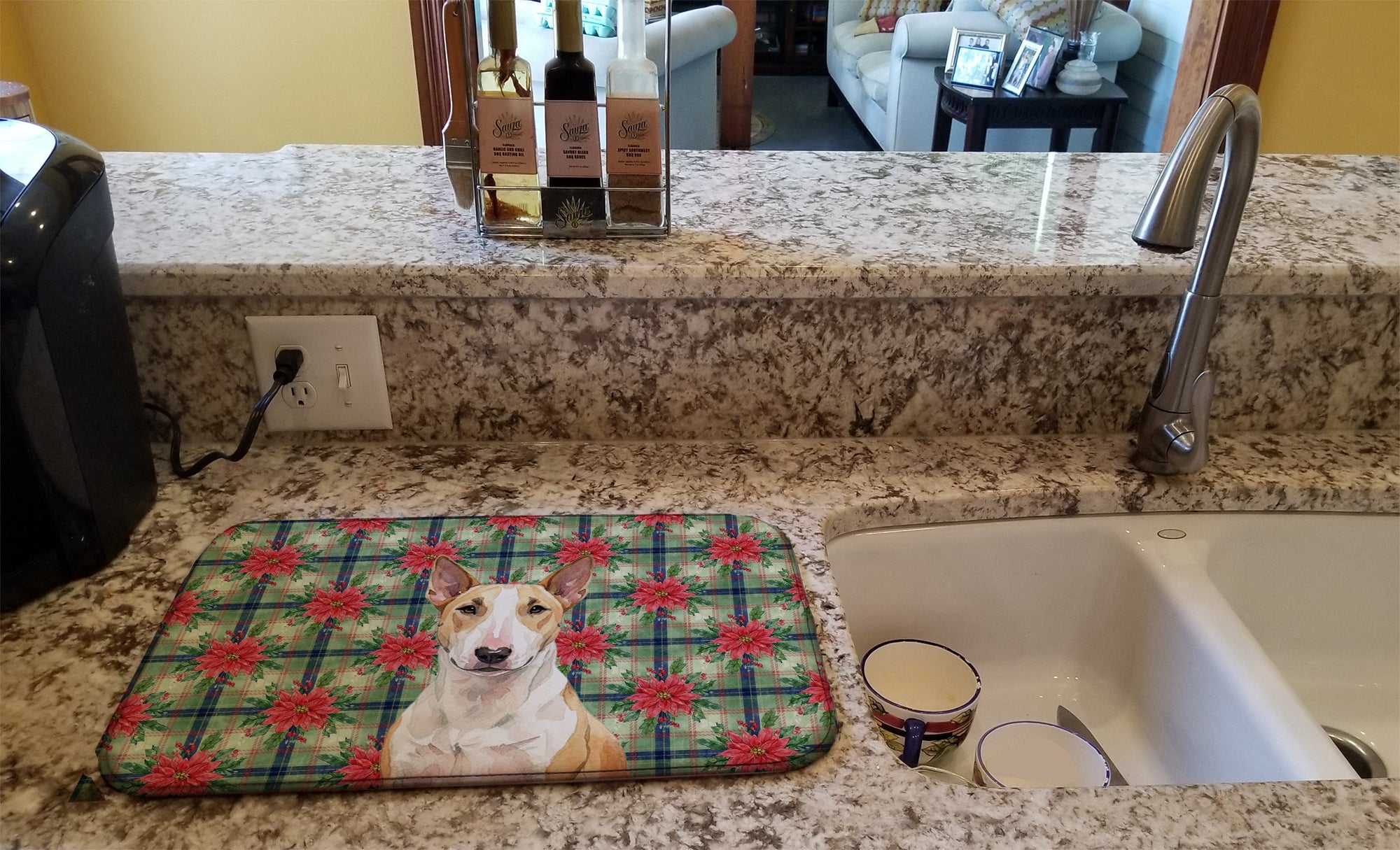 Fawn and White Bull Terrier Christmas PoinsettIas Dish Drying Mat Absorbent Dish Drying Mat Pad for Kitchen Counter Dish Drainer Mat for Countertop, 14 x 21", Multicolor
