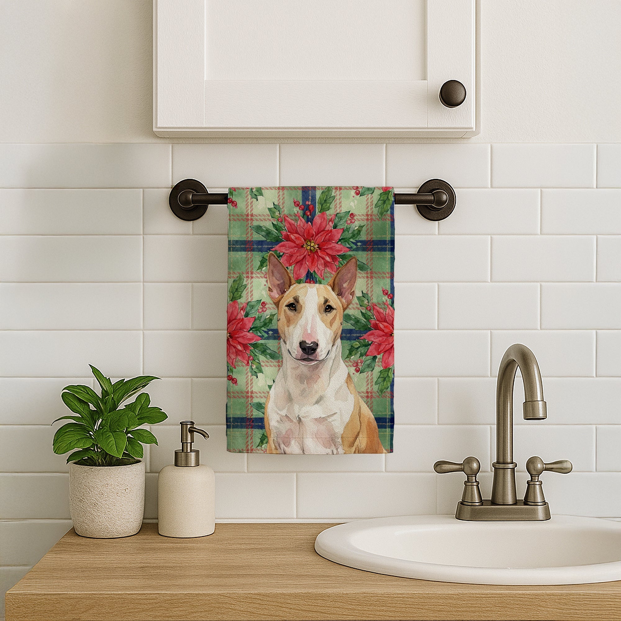 Fawn and White Bull Terrier Christmas PoinsettIas Kitchen Towel Velour Plush Front and Cotton Loop Back Machine Washable