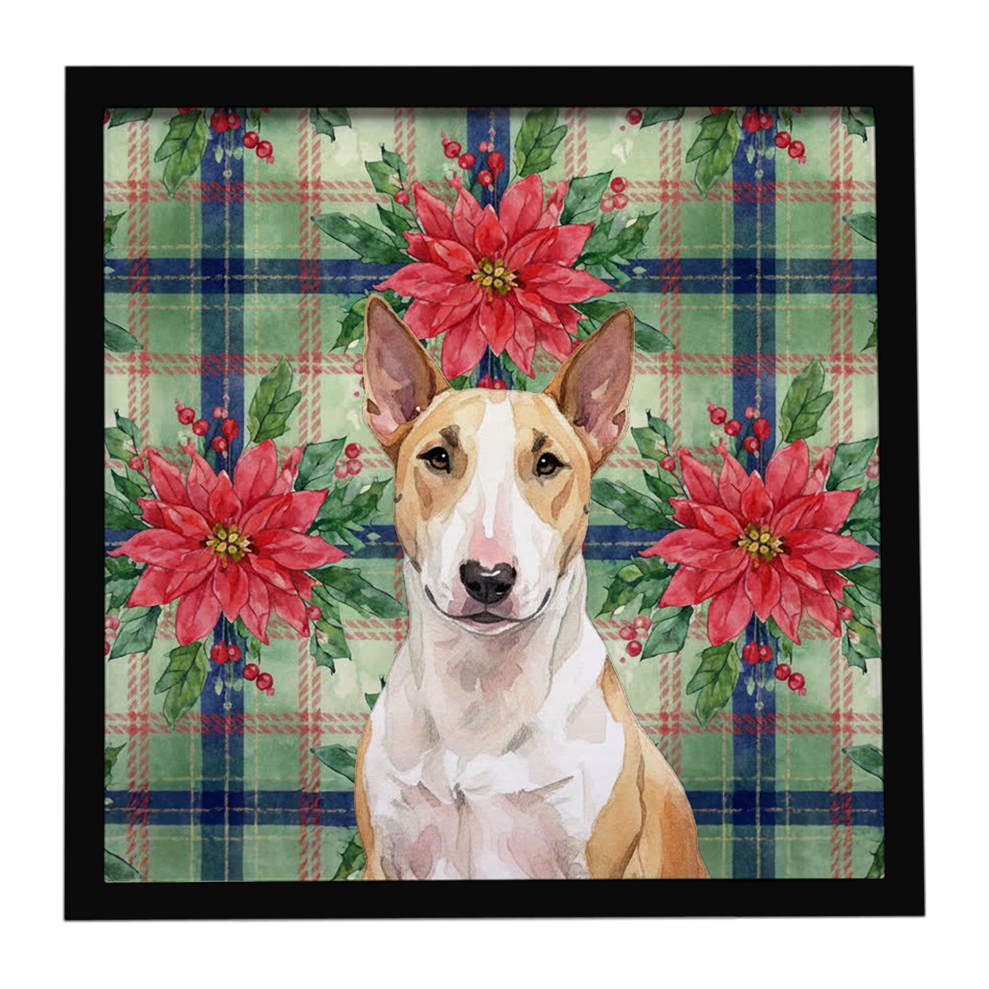 Fawn and White Bull Terrier Christmas PoinsettIas Framed Metal Print Bathroom, Kitchen, Office, Home Decor Wall Art Ready to Hang, Square, 8X8