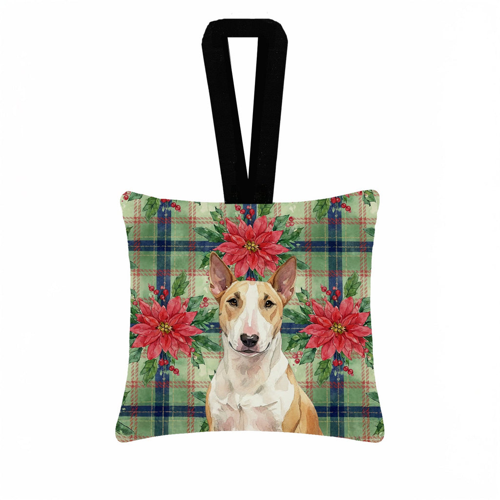 Fawn and White Bull Terrier Christmas PoinsettIas Hanging Square Fabric Ornament 3.5 � 3.5 Decorative Door-Knob & Tree Hanger, Soft Fabric