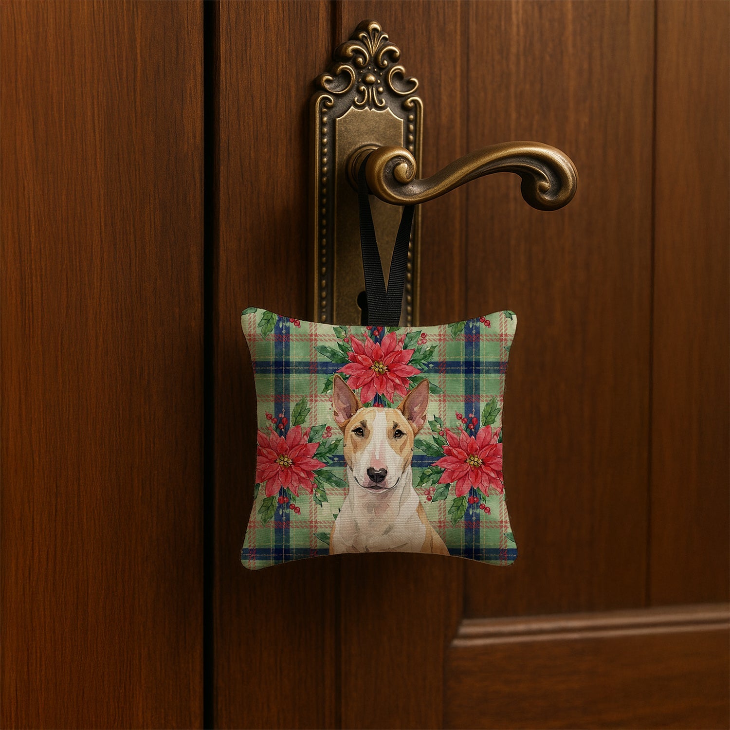 Fawn and White Bull Terrier Christmas PoinsettIas Hanging Square Fabric Ornament 3.5 � 3.5 Decorative Door-Knob & Tree Hanger, Soft Fabric