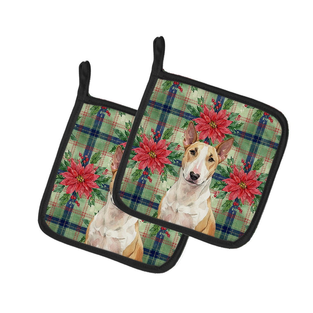 Fawn and White Bull Terrier Christmas PoinsettIas Pot Holder Set of 2 Heat Resistant Quilted Hot Pads 7.5 x 7.5 Inch, Insulated Kitchen Trivets for Cooking & Baking