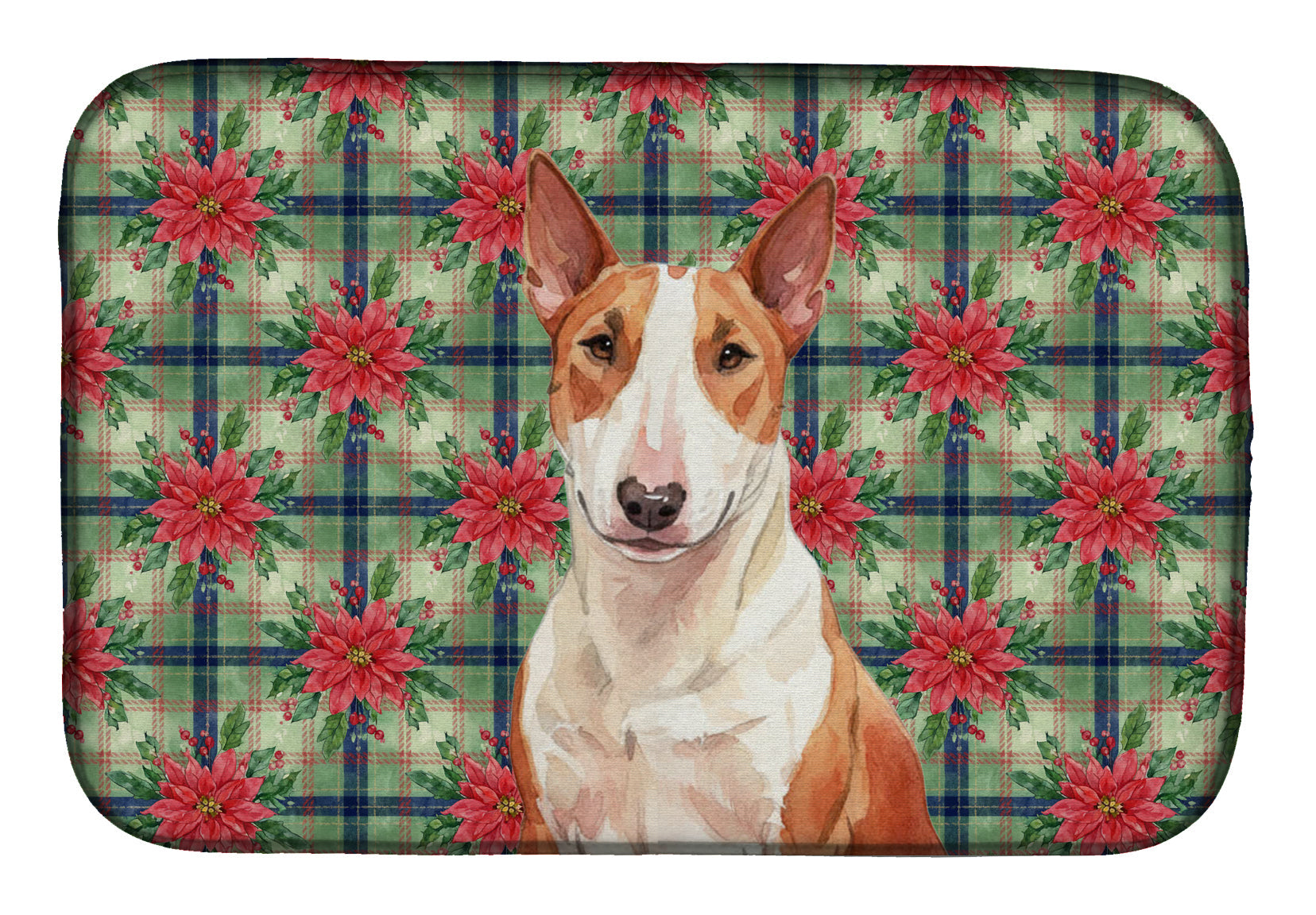 Red and White Bull Terrier Christmas PoinsettIas Dish Drying Mat Absorbent Dish Drying Mat Pad for Kitchen Counter Dish Drainer Mat for Countertop, 14 x 21", Multicolor