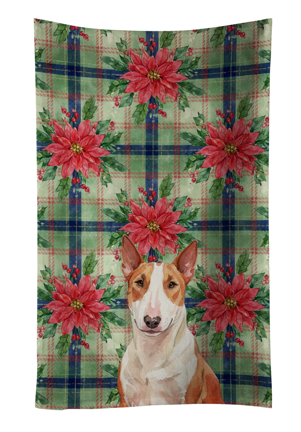 Red and White Bull Terrier Christmas PoinsettIas Kitchen Towel Velour Plush Front and Cotton Loop Back Machine Washable