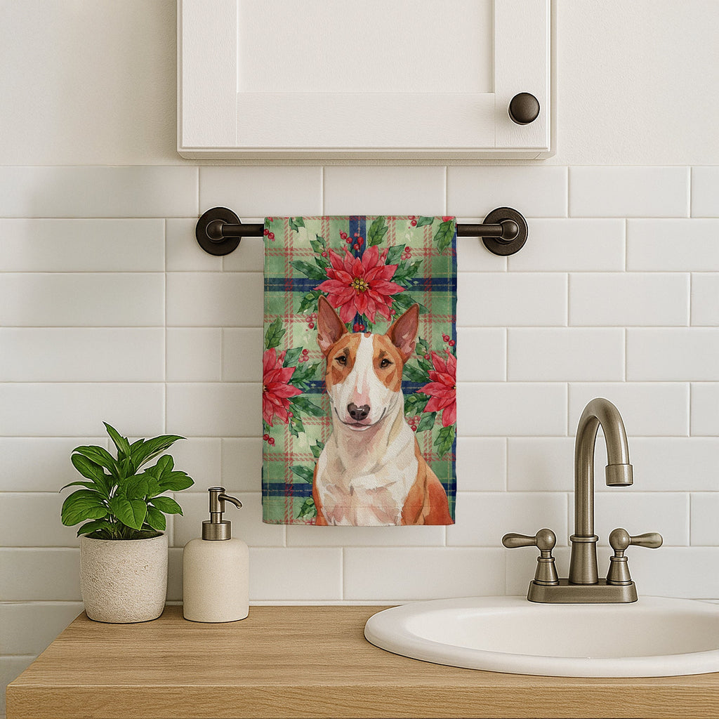 Red and White Bull Terrier Christmas PoinsettIas Kitchen Towel Velour Plush Front and Cotton Loop Back Machine Washable
