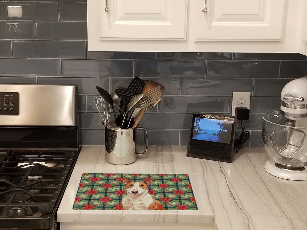 Red and White Bull Terrier Christmas PoinsettIas Cutting Board Tempered Glass Kitchen Cutting Surface, Heat Resistant Chopping, Non-Slip Feet, Food Prep & Serving