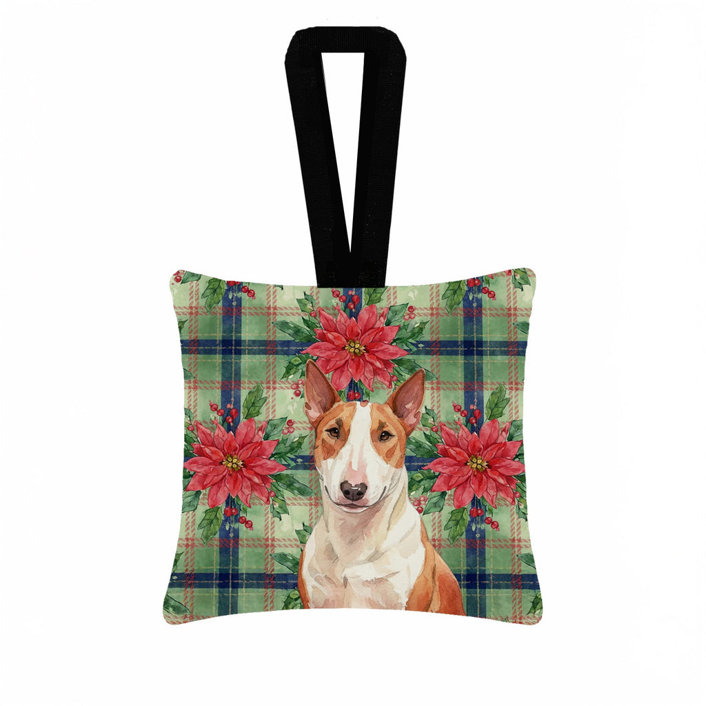 Red and White Bull Terrier Christmas PoinsettIas Hanging Square Fabric Ornament 3.5 � 3.5 Decorative Door-Knob & Tree Hanger, Soft Fabric