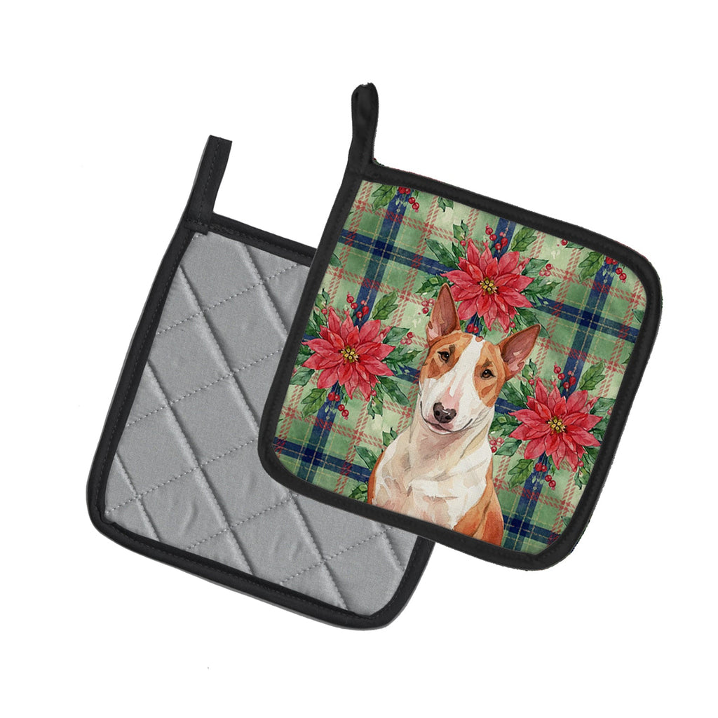 Red and White Bull Terrier Christmas PoinsettIas Pot Holder Set of 2 Heat Resistant Quilted Hot Pads 7.5 x 7.5 Inch, Insulated Kitchen Trivets for Cooking & Baking