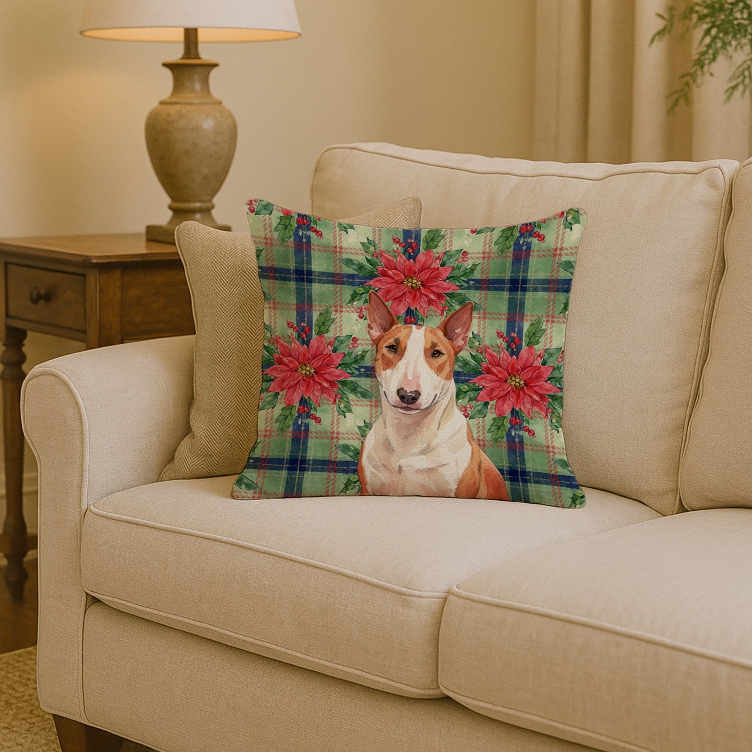 Red and White Bull Terrier Christmas PoinsettIas Decorative Throw Pillow 14x14 Indoor Outdoor Accent Cushion, Fabric Cover with Insert for Sofa, Bed, Porch & Living Room