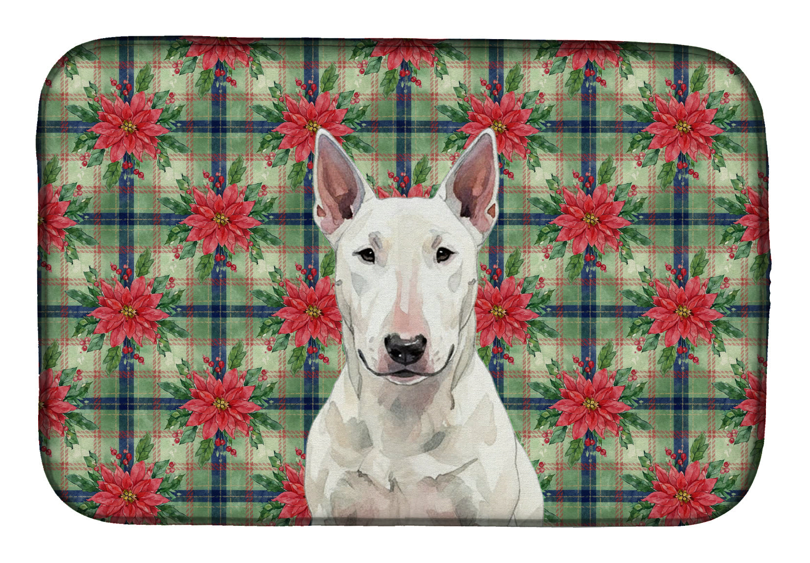 White Bull Terrier Christmas PoinsettIas Dish Drying Mat Absorbent Dish Drying Mat Pad for Kitchen Counter Dish Drainer Mat for Countertop, 14 x 21", Multicolor