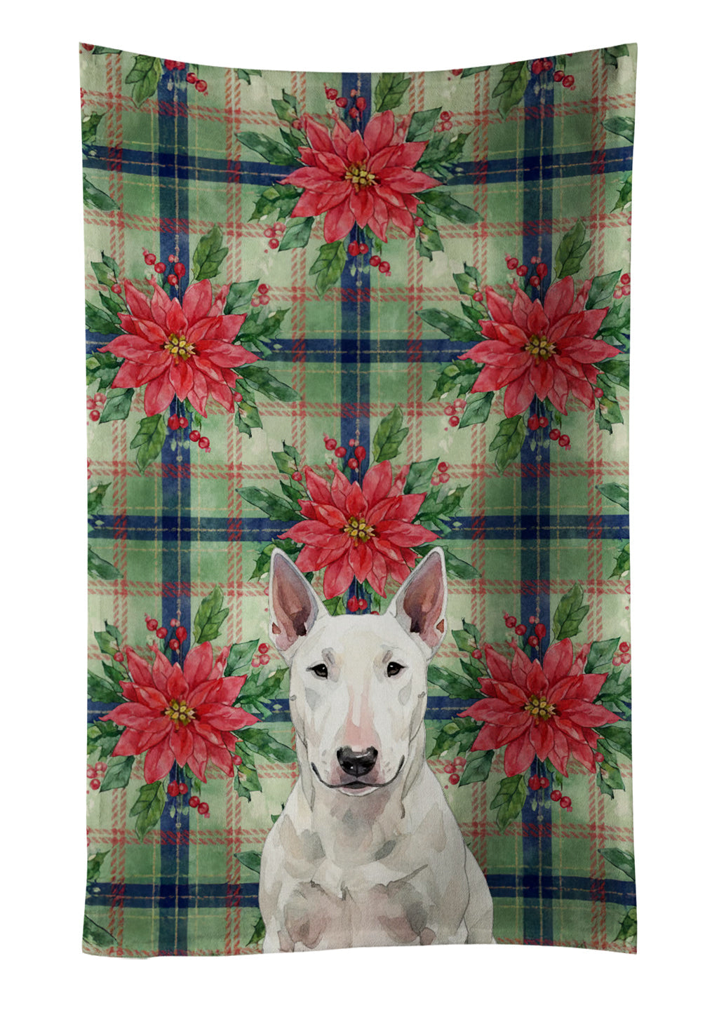 White Bull Terrier Christmas PoinsettIas Kitchen Towel Velour Plush Front and Cotton Loop Back Machine Washable