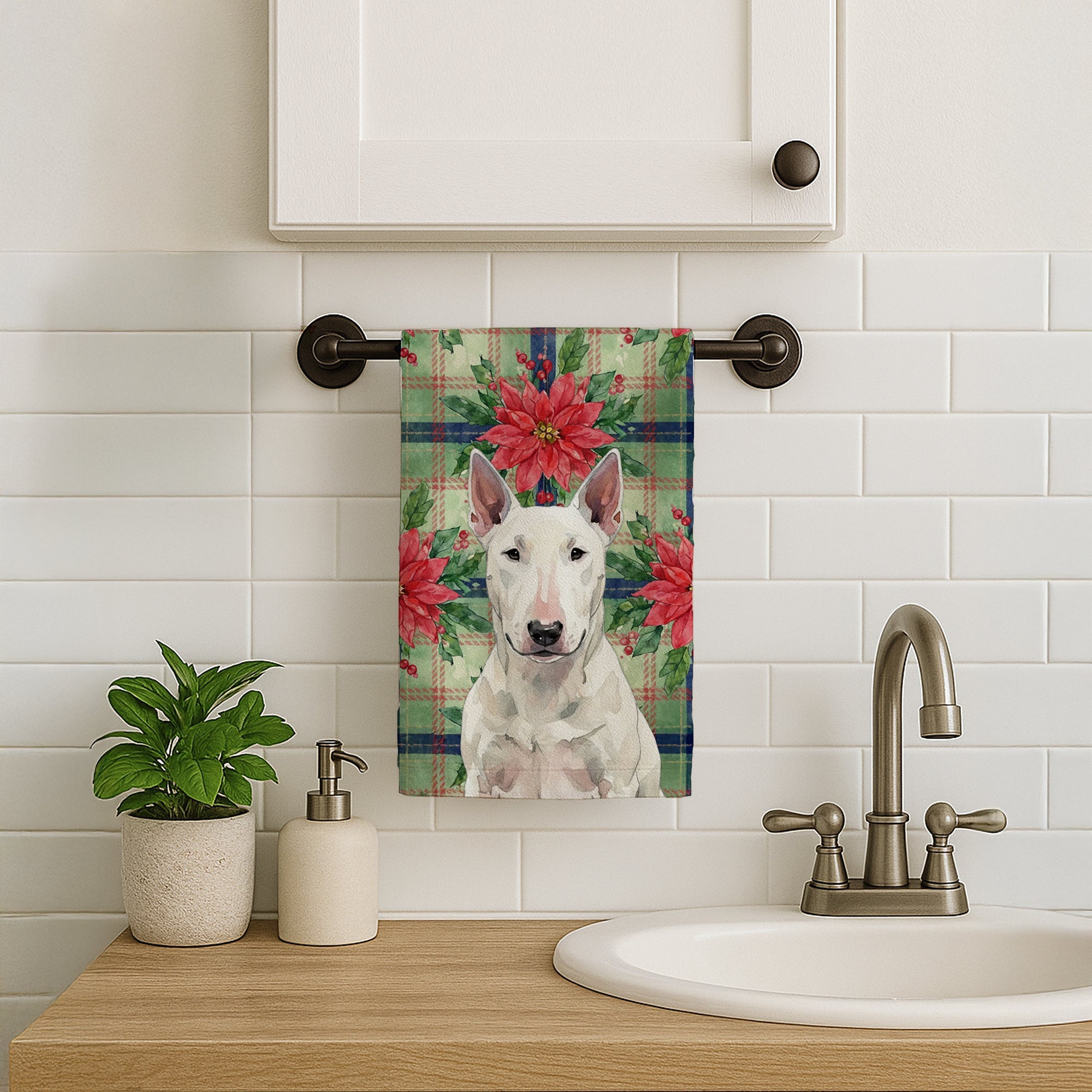 White Bull Terrier Christmas PoinsettIas Kitchen Towel Velour Plush Front and Cotton Loop Back Machine Washable