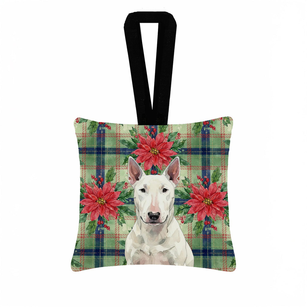 White Bull Terrier Christmas PoinsettIas Hanging Square Fabric Ornament 3.5 � 3.5 Decorative Door-Knob & Tree Hanger, Soft Fabric
