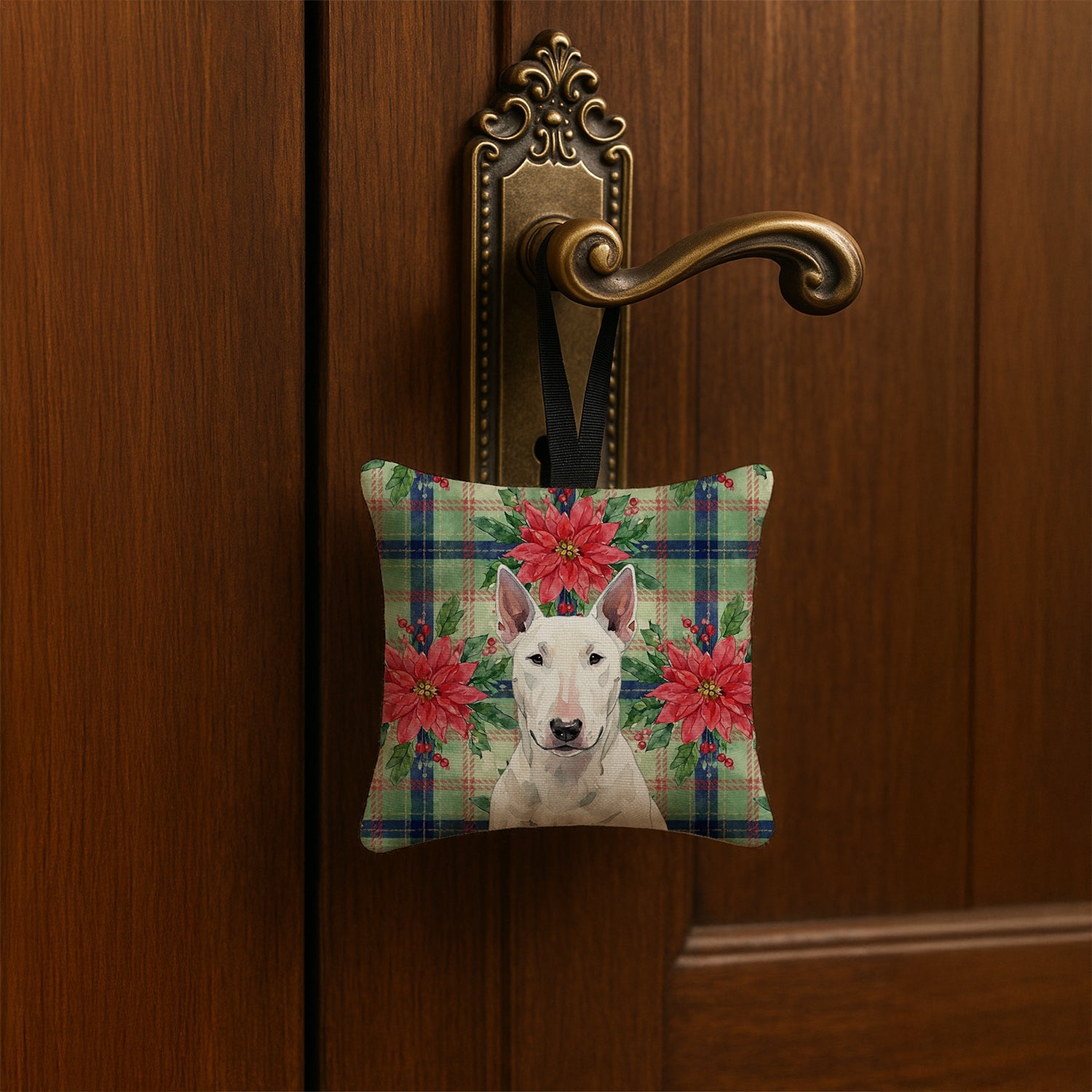 White Bull Terrier Christmas PoinsettIas Hanging Square Fabric Ornament 3.5 � 3.5 Decorative Door-Knob & Tree Hanger, Soft Fabric
