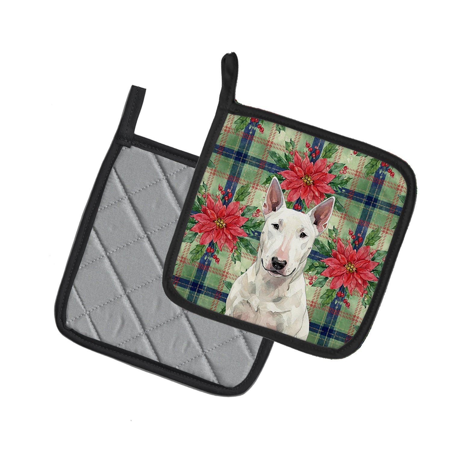 White Bull Terrier Christmas PoinsettIas Pot Holder Set of 2 Heat Resistant Quilted Hot Pads 7.5 x 7.5 Inch, Insulated Kitchen Trivets for Cooking & Baking