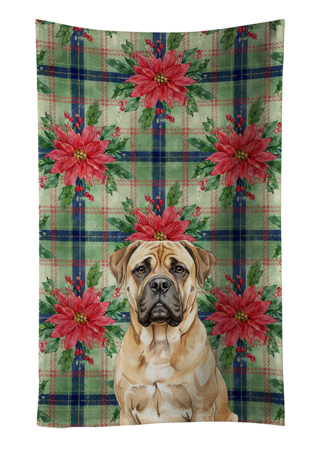 Bullmastiff Christmas PoinsettIas Kitchen Towel Velour Plush Front and Cotton Loop Back Machine Washable