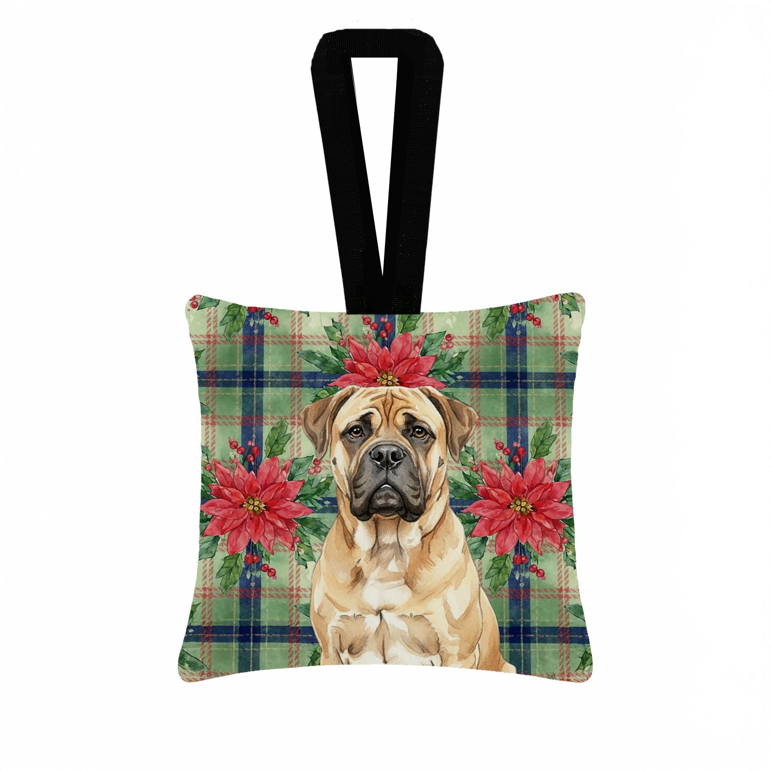 Bullmastiff Christmas PoinsettIas Hanging Square Fabric Ornament 3.5 � 3.5 Decorative Door-Knob & Tree Hanger, Soft Fabric