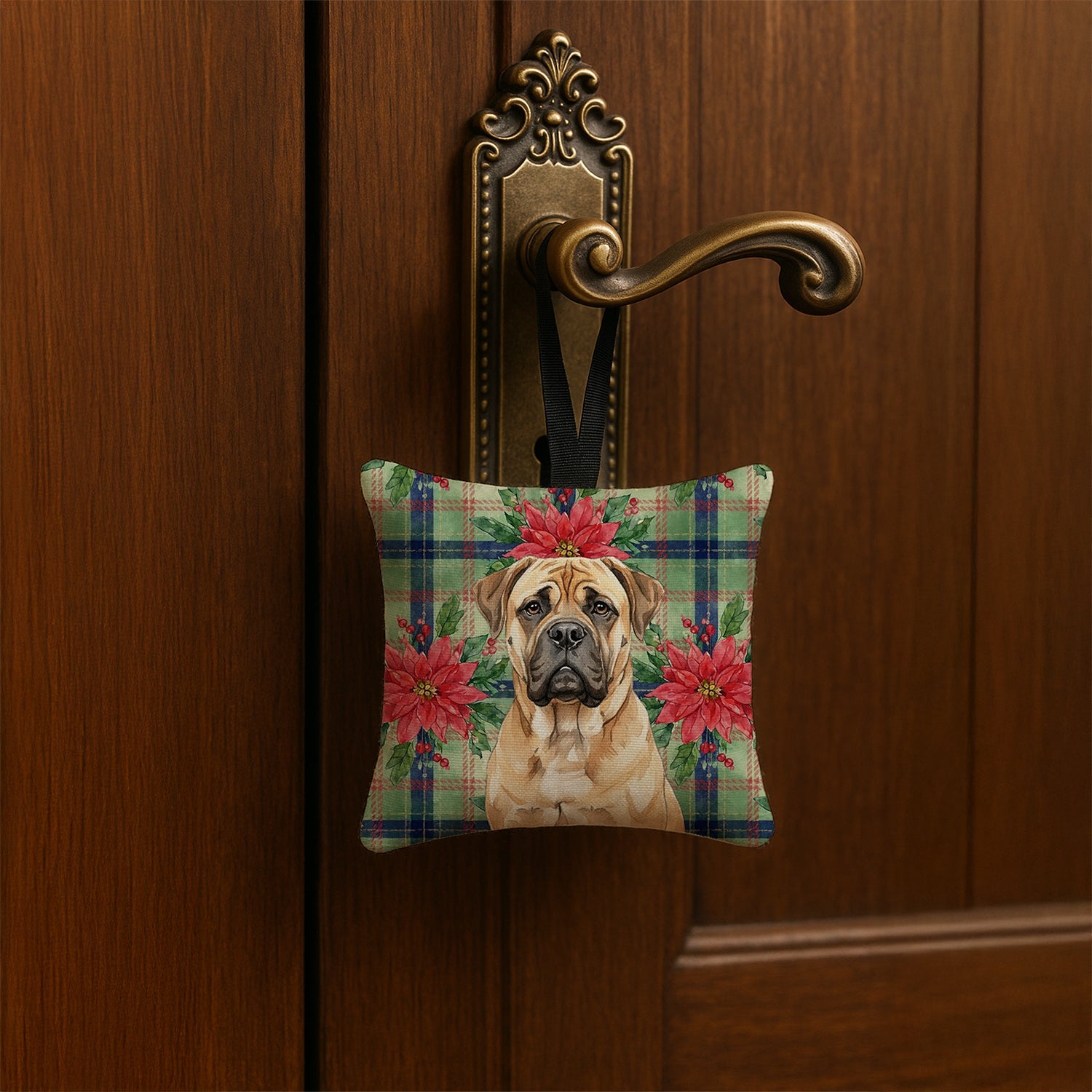 Bullmastiff Christmas PoinsettIas Hanging Square Fabric Ornament 3.5 � 3.5 Decorative Door-Knob & Tree Hanger, Soft Fabric