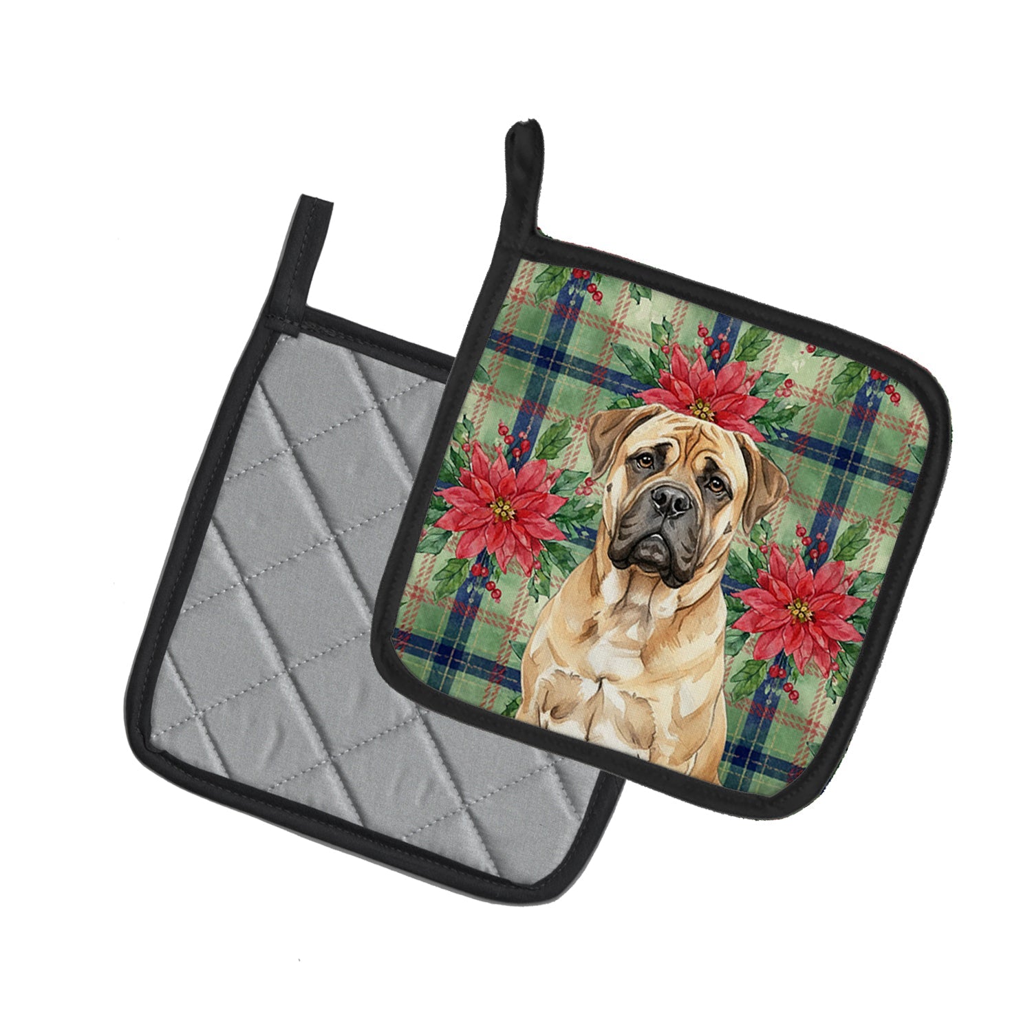 Bullmastiff Christmas PoinsettIas Pot Holder Set of 2 Heat Resistant Quilted Hot Pads 7.5 x 7.5 Inch, Insulated Kitchen Trivets for Cooking & Baking