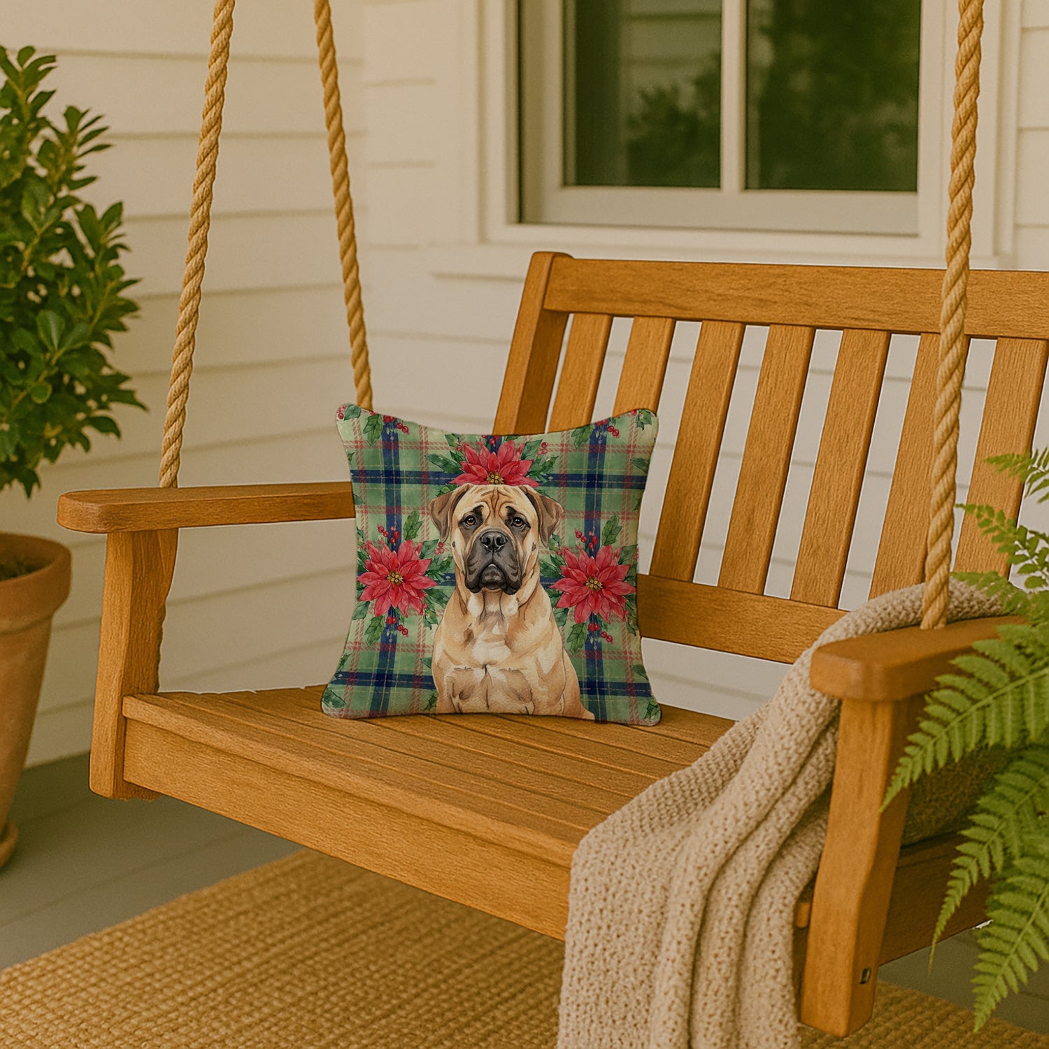 Bullmastiff Christmas PoinsettIas Decorative Throw Pillow 14x14 Indoor Outdoor Accent Cushion, Fabric Cover with Insert for Sofa, Bed, Porch & Living Room