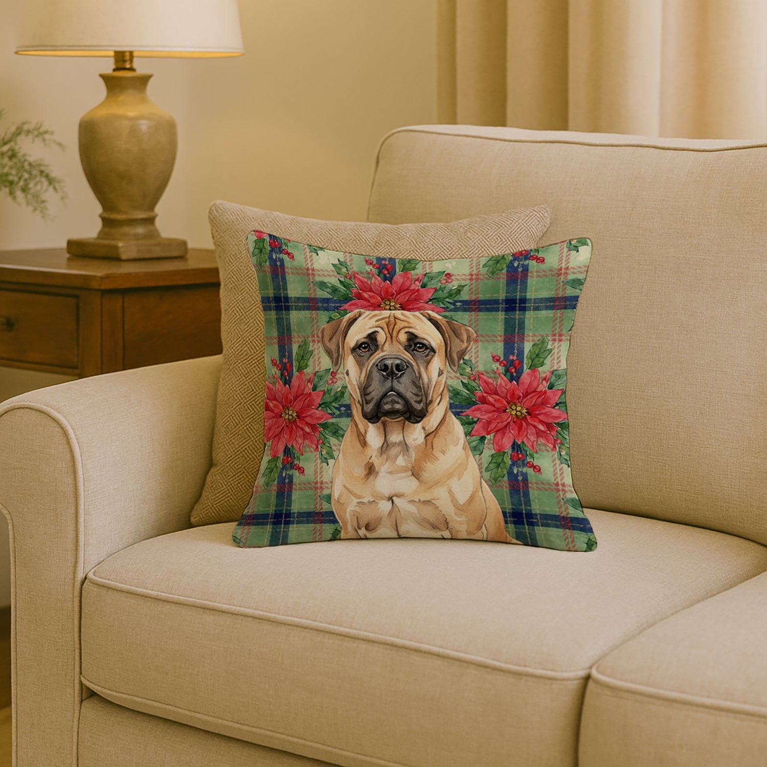 Bullmastiff Christmas PoinsettIas Decorative Throw Pillow 18x18 Indoor Outdoor Accent Cushion, Fabric Cover with Insert for Sofa, Bed, Porch & Living Room
