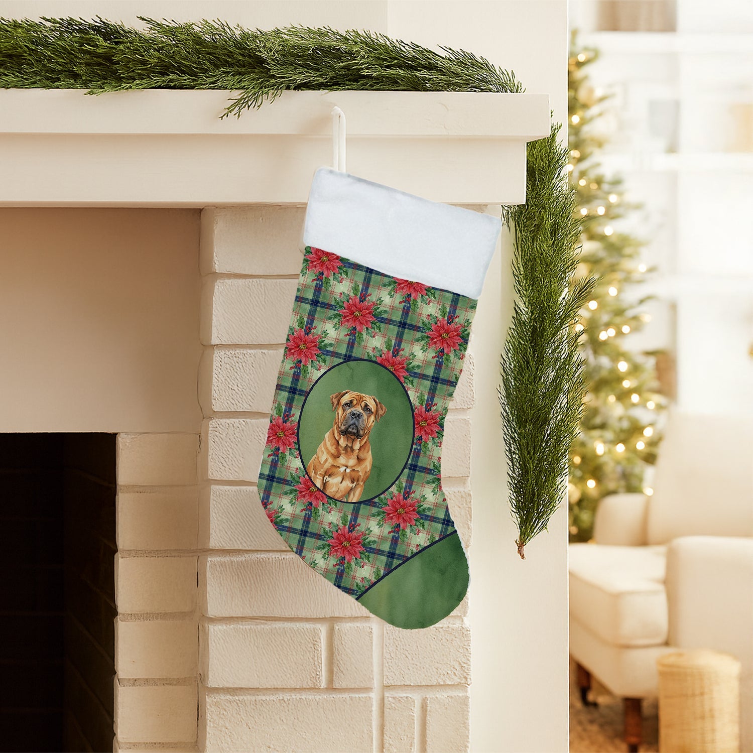 Red Bullmastiff Christmas PoinsettIas Holiday Stocking Double-Sided Print, Polyester Suede,11x18, Made in USA