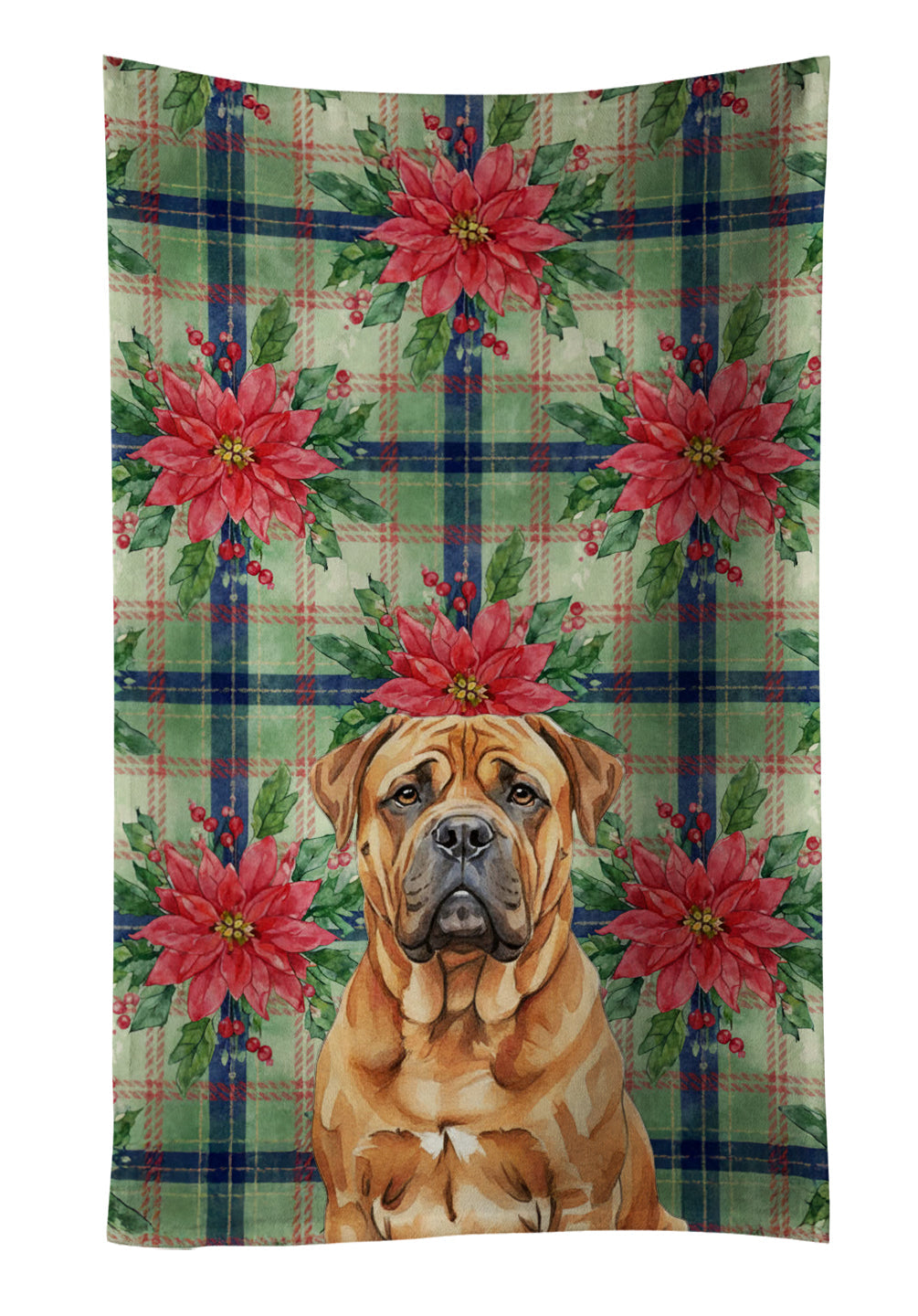 Red Bullmastiff Christmas PoinsettIas Kitchen Towel Velour Plush Front and Cotton Loop Back Machine Washable