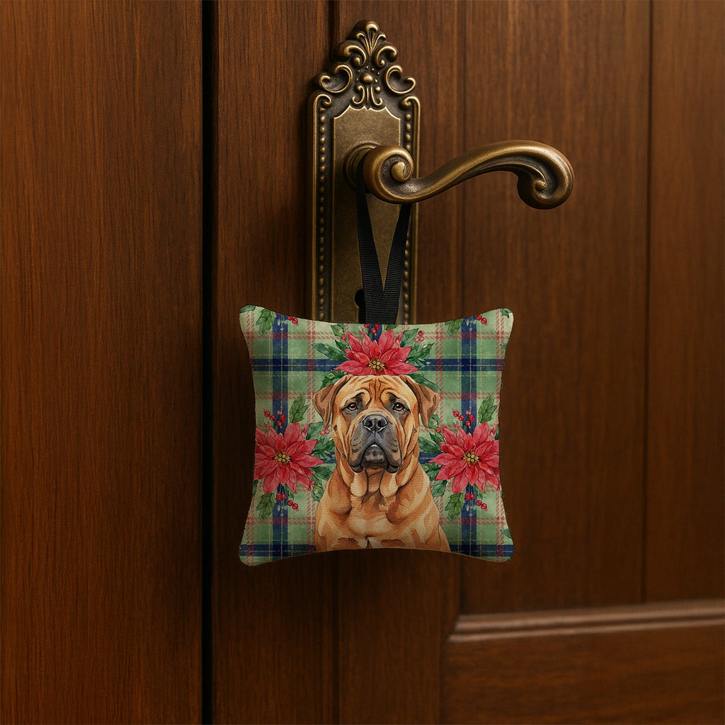 Red Bullmastiff Christmas PoinsettIas Hanging Square Fabric Ornament 3.5 � 3.5 Decorative Door-Knob & Tree Hanger, Soft Fabric