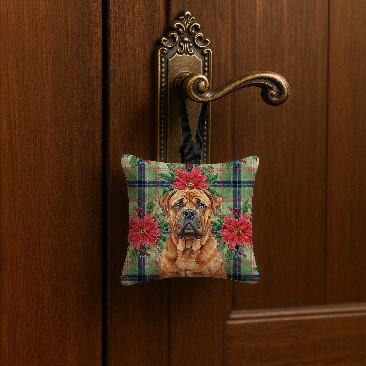 Red Bullmastiff Christmas PoinsettIas Hanging Square Fabric Ornament 3.5 � 3.5 Decorative Door-Knob & Tree Hanger, Soft Fabric