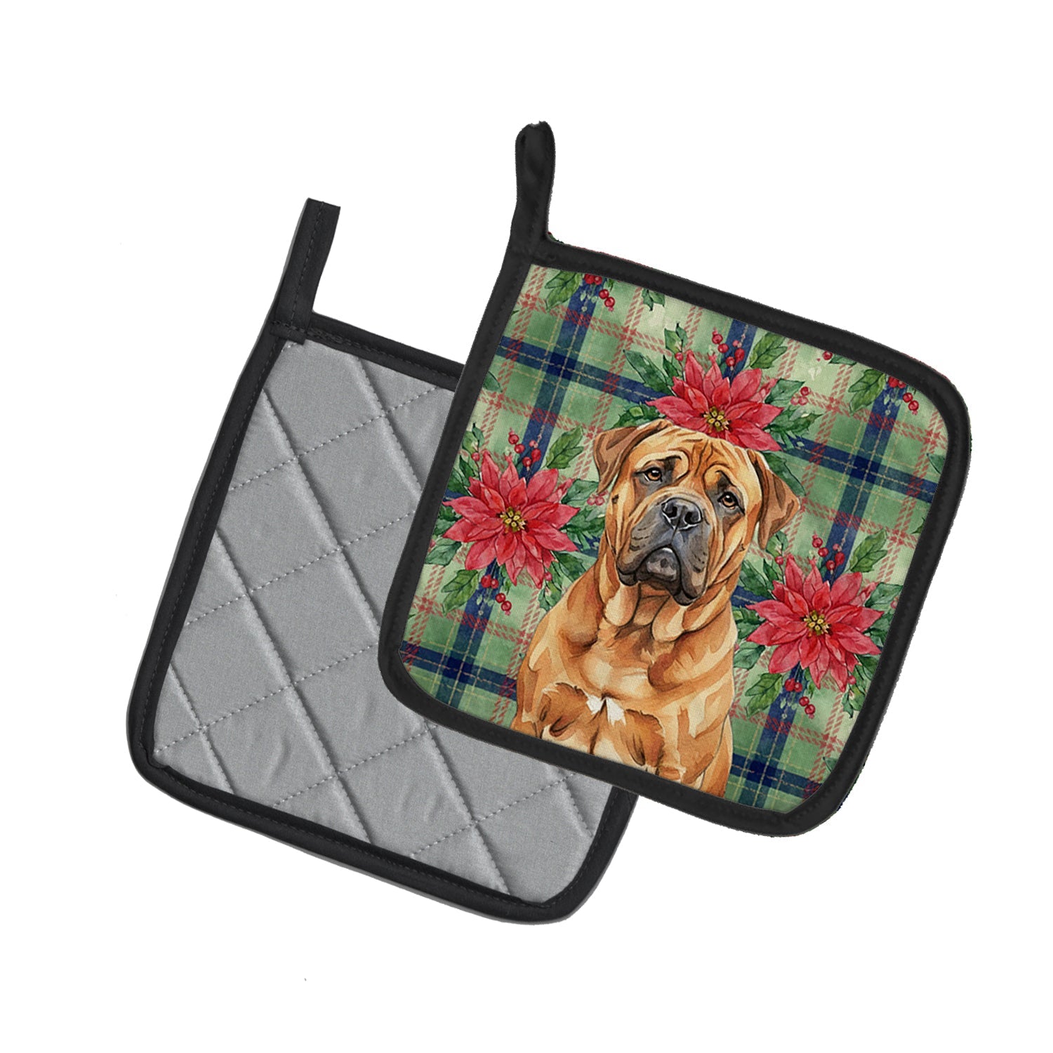 Red Bullmastiff Christmas PoinsettIas Pot Holder Set of 2 Heat Resistant Quilted Hot Pads 7.5 x 7.5 Inch, Insulated Kitchen Trivets for Cooking & Baking