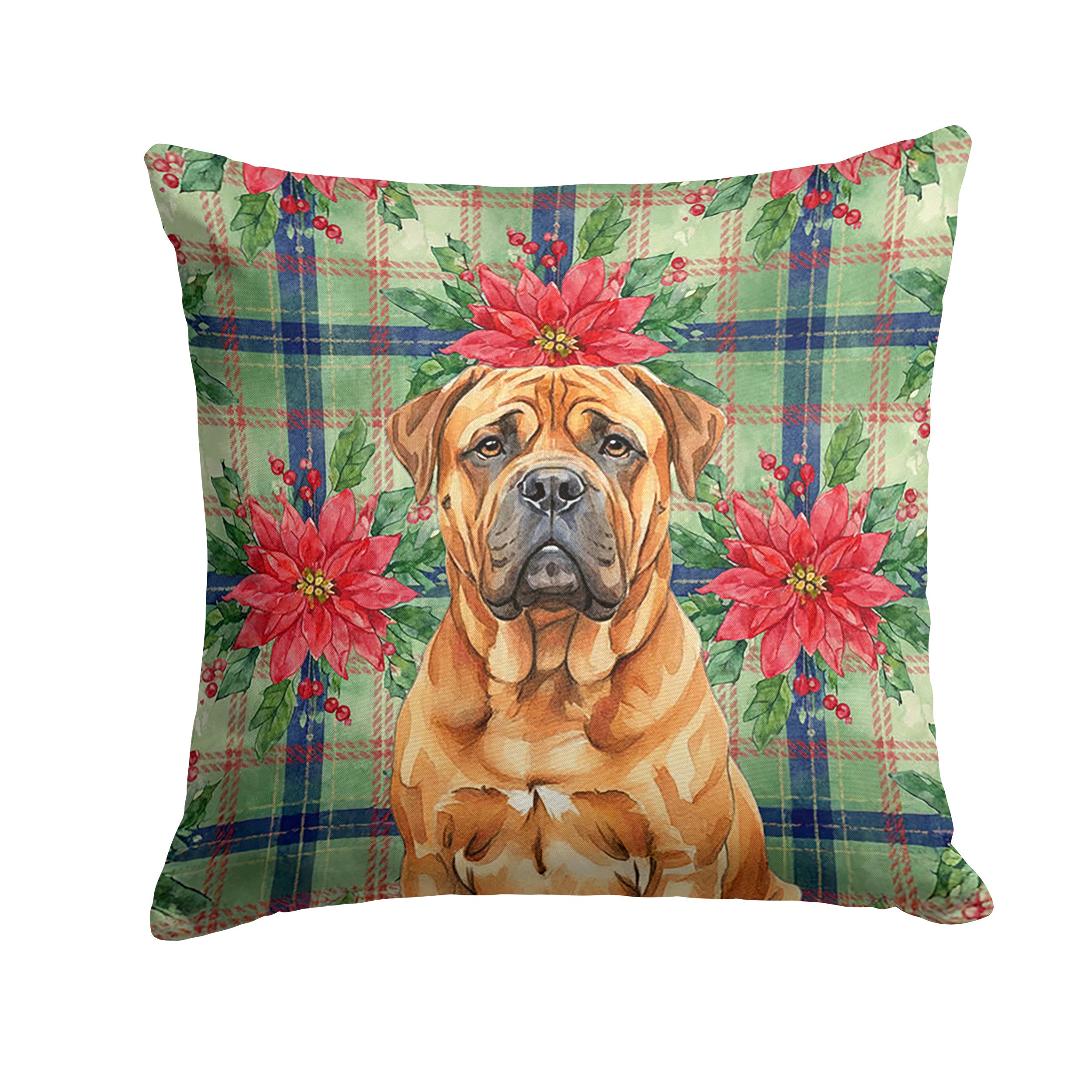 Red Bullmastiff Christmas PoinsettIas Decorative Throw Pillow 14x14 Indoor Outdoor Accent Cushion, Fabric Cover with Insert for Sofa, Bed, Porch & Living Room