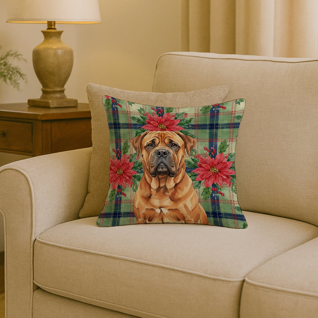 Red Bullmastiff Christmas PoinsettIas Decorative Throw Pillow 18x18 Indoor Outdoor Accent Cushion, Fabric Cover with Insert for Sofa, Bed, Porch & Living Room