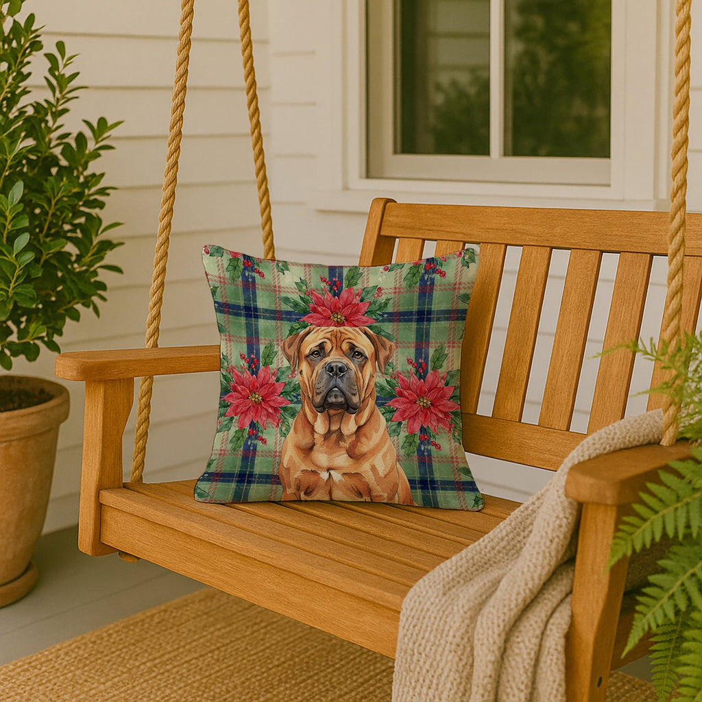 Red Bullmastiff Christmas PoinsettIas Decorative Throw Pillow 18x18 Indoor Outdoor Accent Cushion, Fabric Cover with Insert for Sofa, Bed, Porch & Living Room