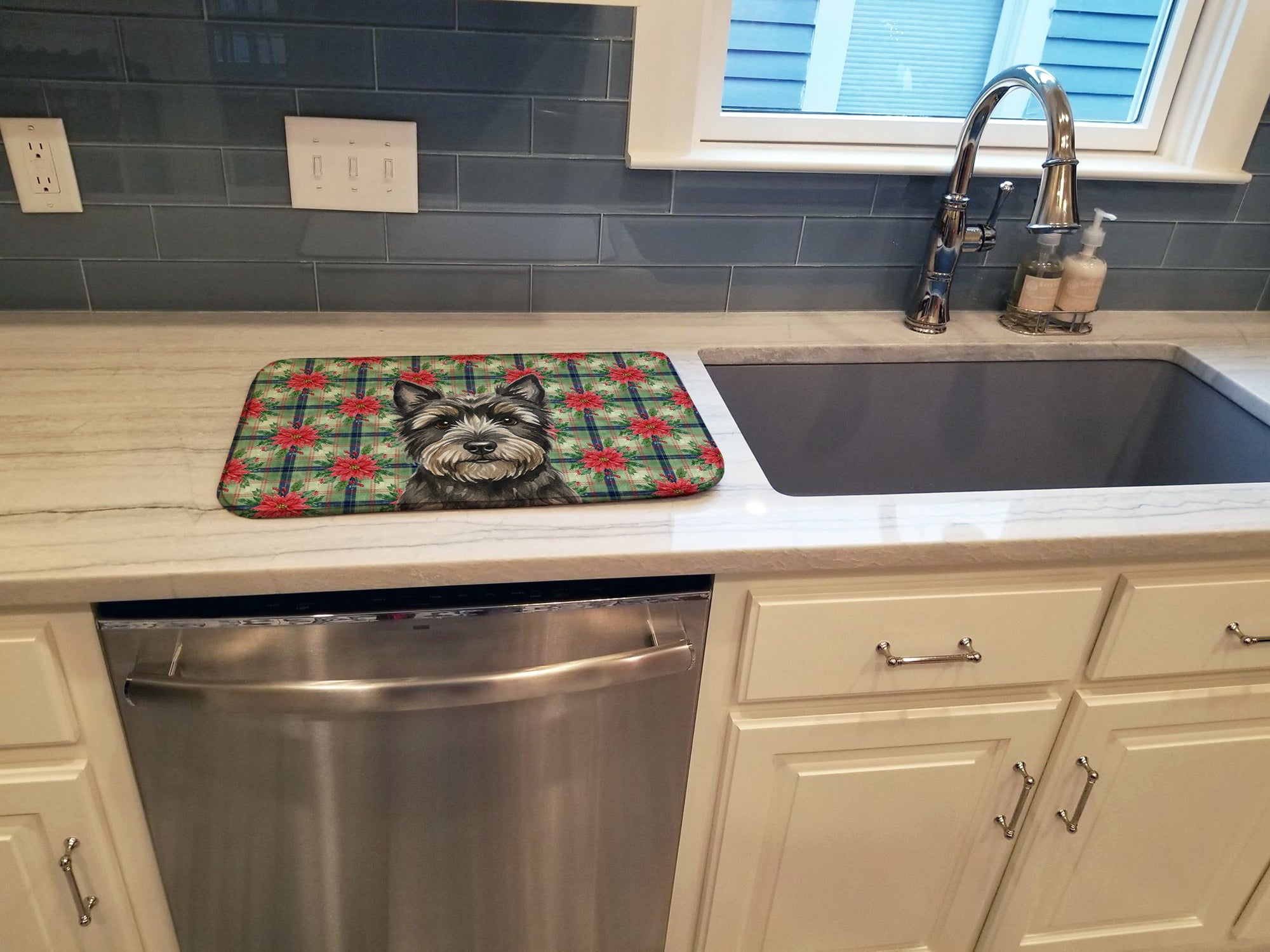 Black Cairn Terrier Christmas PoinsettIas Dish Drying Mat Absorbent Dish Drying Mat Pad for Kitchen Counter Dish Drainer Mat for Countertop, 14 x 21", Multicolor
