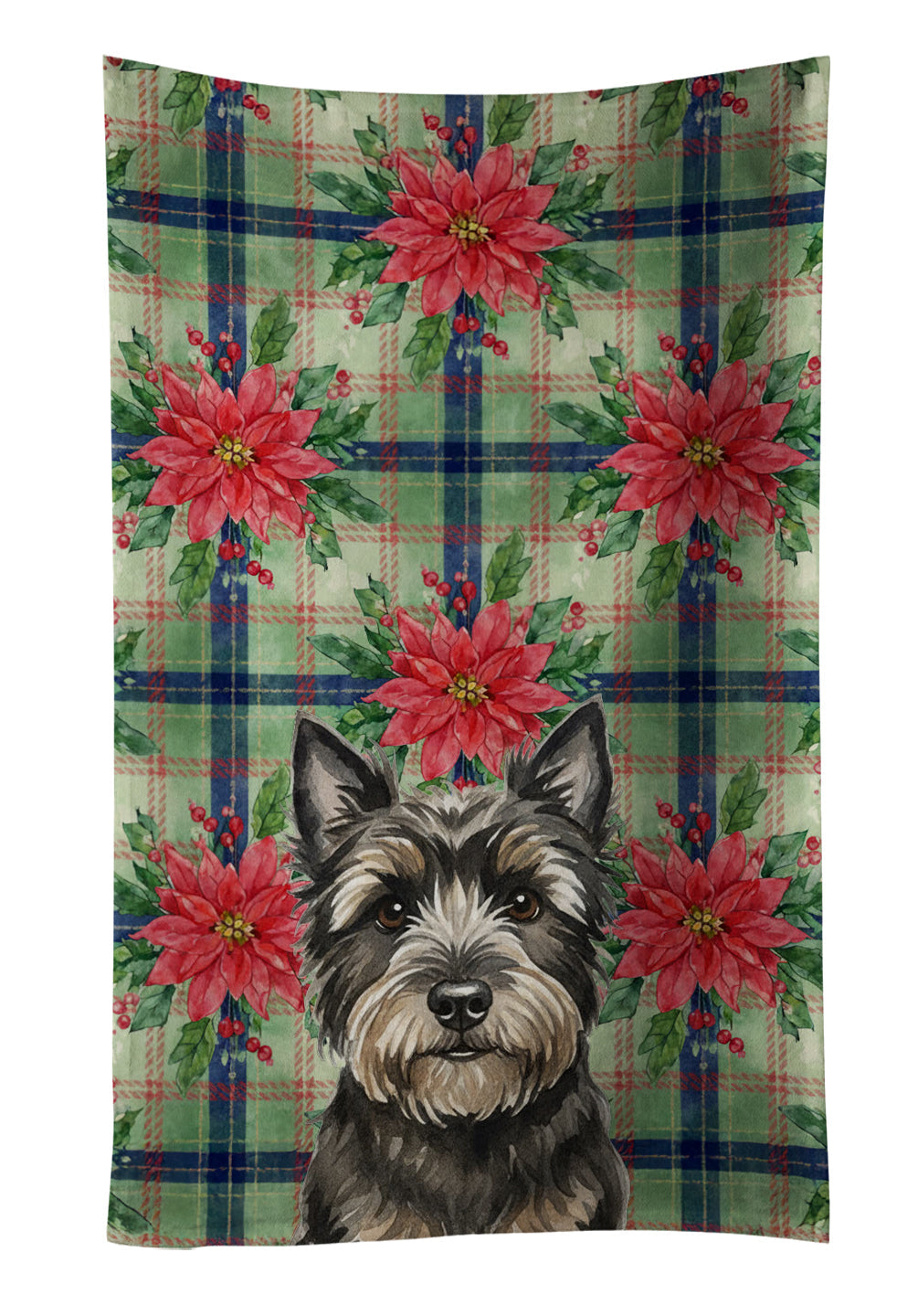 Black Cairn Terrier Christmas PoinsettIas Kitchen Towel Velour Plush Front and Cotton Loop Back Machine Washable