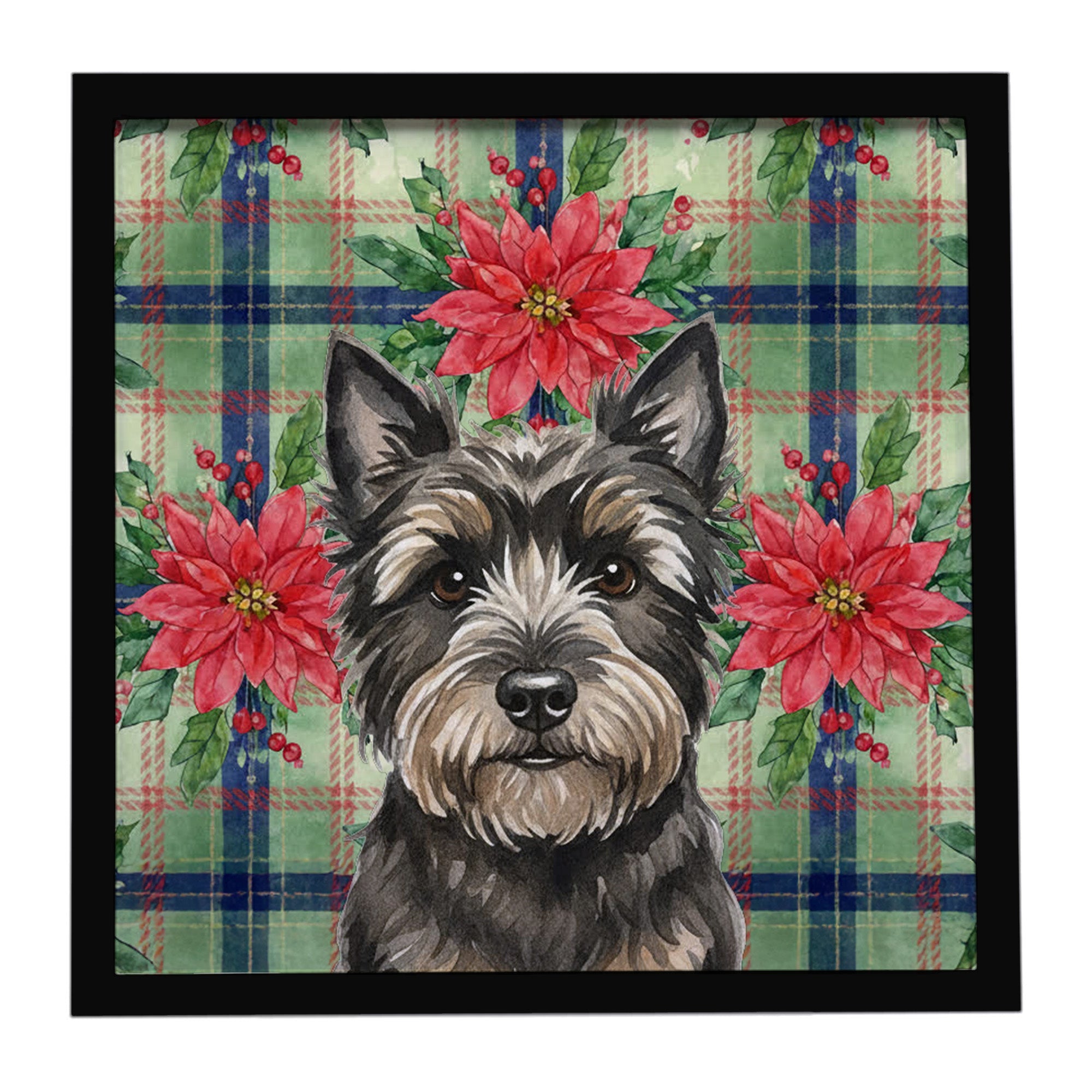 Black Cairn Terrier Christmas PoinsettIas Framed Metal Print Bathroom, Kitchen, Office, Home Decor Wall Art Ready to Hang, Square, 8X8