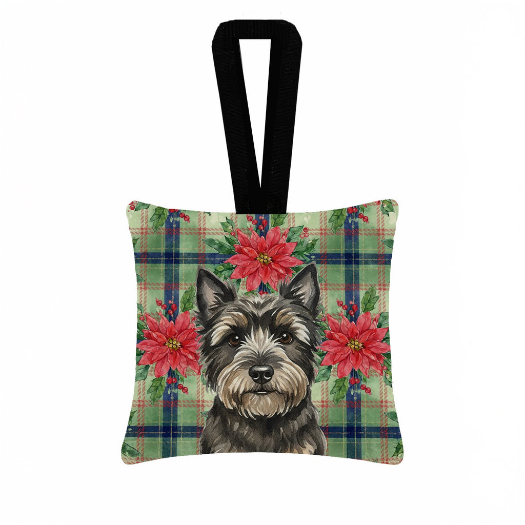 Black Cairn Terrier Christmas PoinsettIas Hanging Square Fabric Ornament 3.5 � 3.5 Decorative Door-Knob & Tree Hanger, Soft Fabric