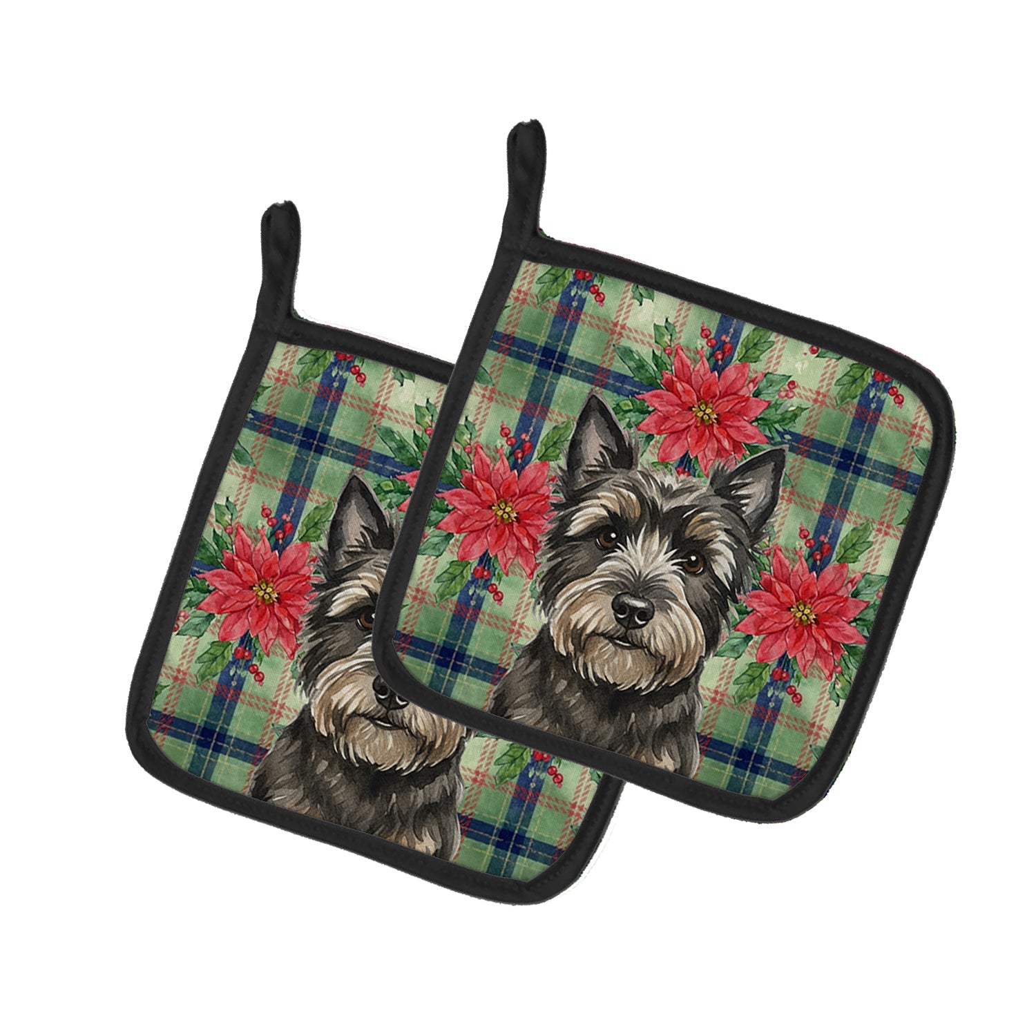 Black Cairn Terrier Christmas PoinsettIas Pot Holder Set of 2 Heat Resistant Quilted Hot Pads 7.5 x 7.5 Inch, Insulated Kitchen Trivets for Cooking & Baking
