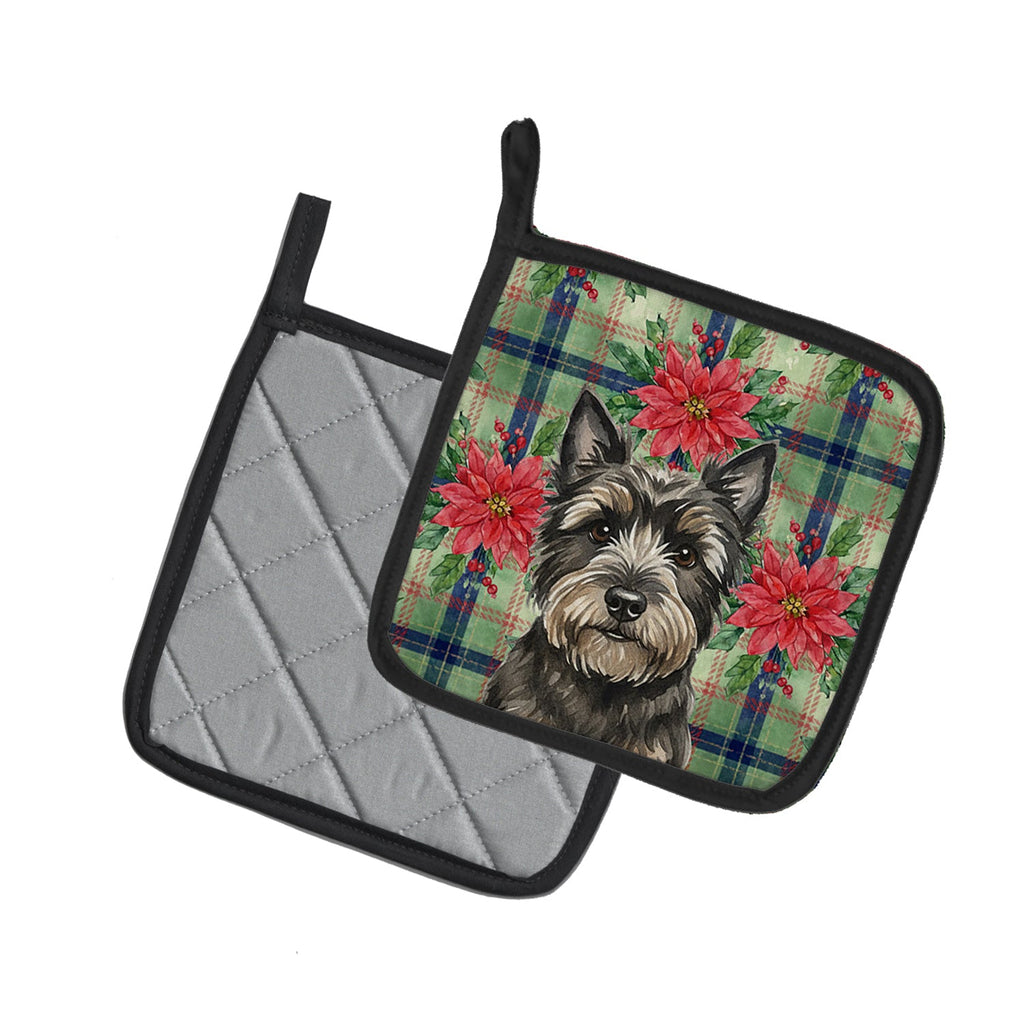 Black Cairn Terrier Christmas PoinsettIas Pot Holder Set of 2 Heat Resistant Quilted Hot Pads 7.5 x 7.5 Inch, Insulated Kitchen Trivets for Cooking & Baking
