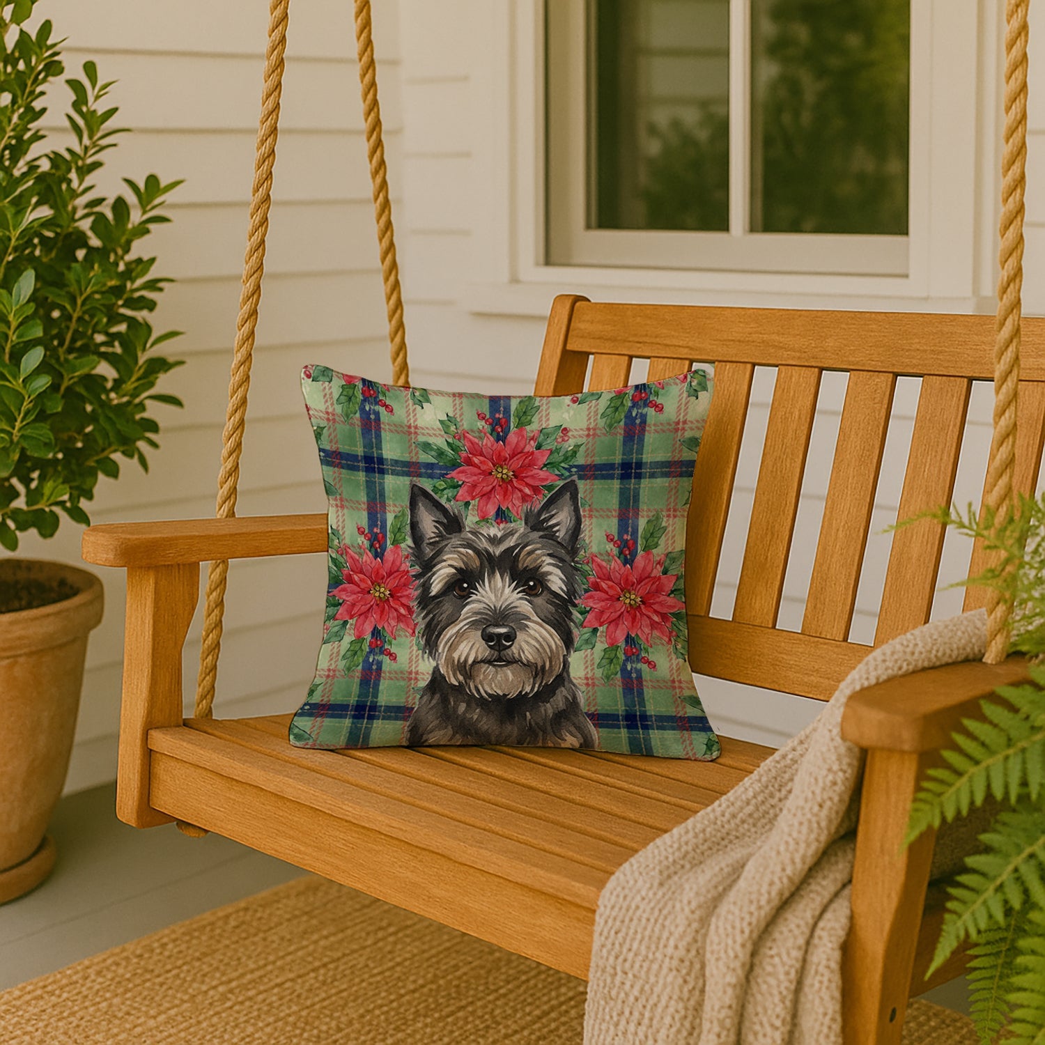 Black Cairn Terrier Christmas PoinsettIas Decorative Throw Pillow 18x18 Indoor Outdoor Accent Cushion, Fabric Cover with Insert for Sofa, Bed, Porch & Living Room