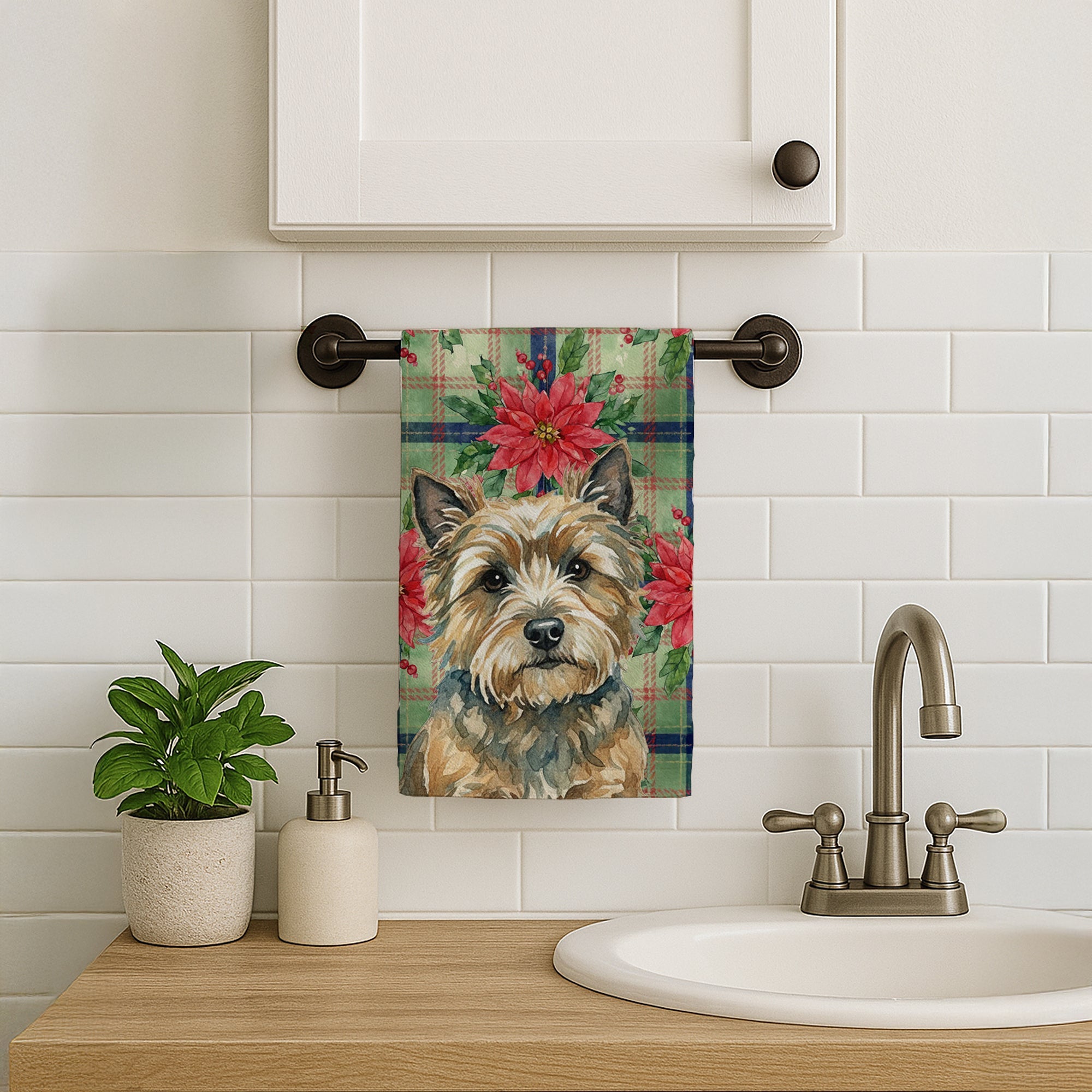 Cairn Terrier Christmas PoinsettIas Kitchen Towel Velour Plush Front and Cotton Loop Back Machine Washable