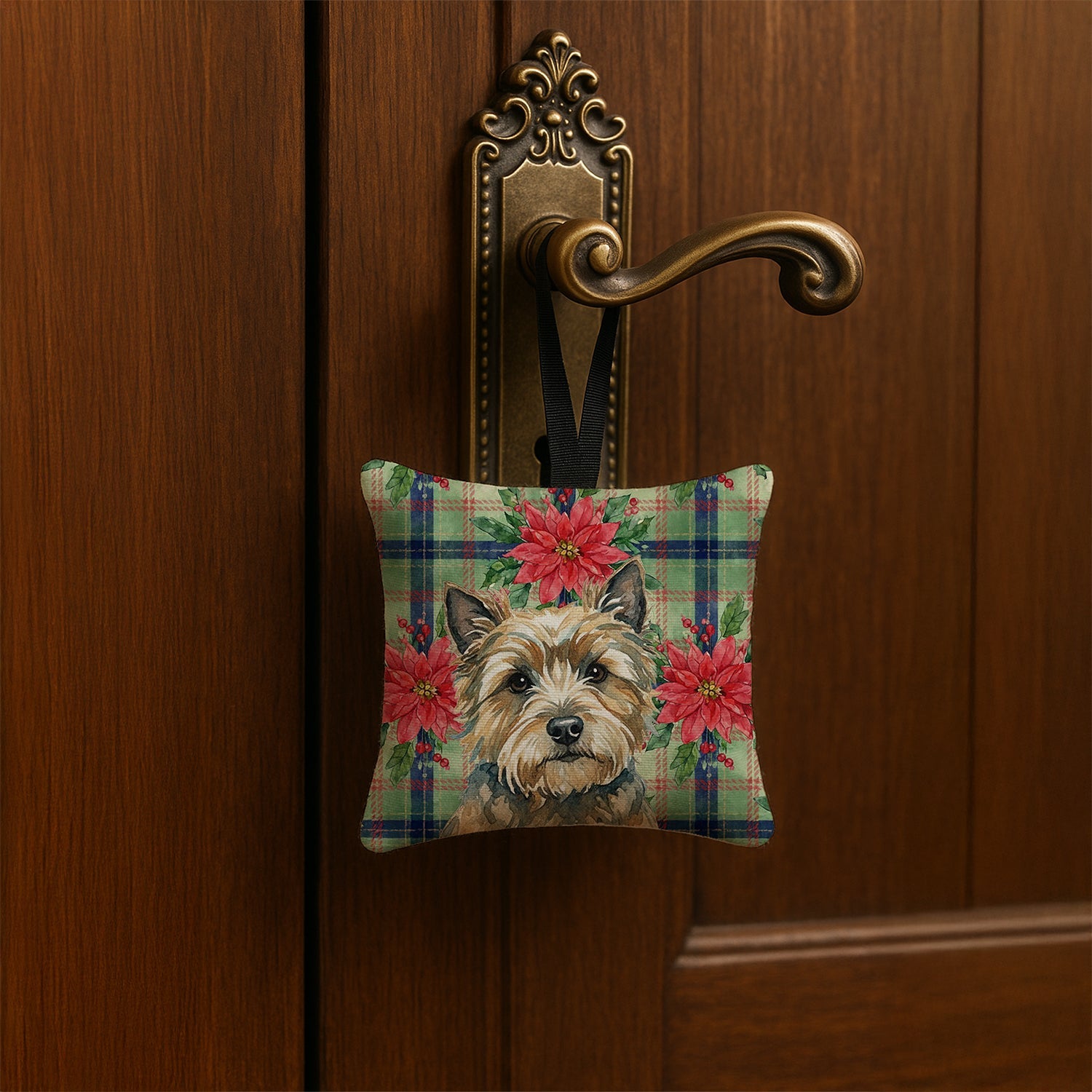 Cairn Terrier Christmas PoinsettIas Hanging Square Fabric Ornament 3.5 � 3.5 Decorative Door-Knob & Tree Hanger, Soft Fabric