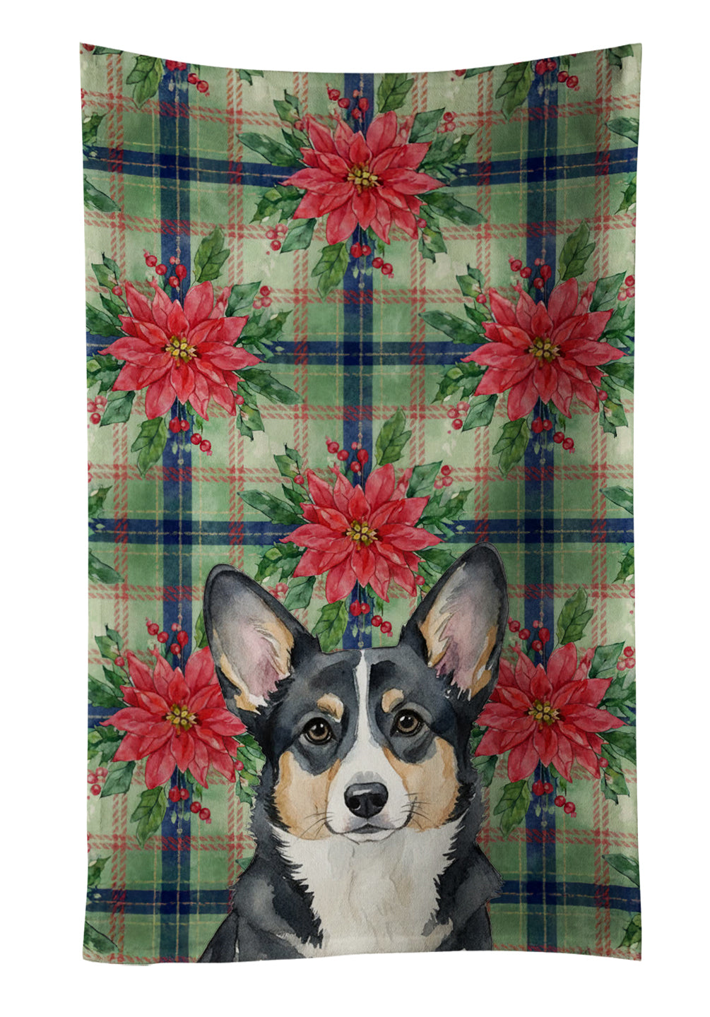 Black and White Cardigan Welsh Corgi Christmas PoinsettIas Kitchen Towel Velour Plush Front and Cotton Loop Back Machine Washable