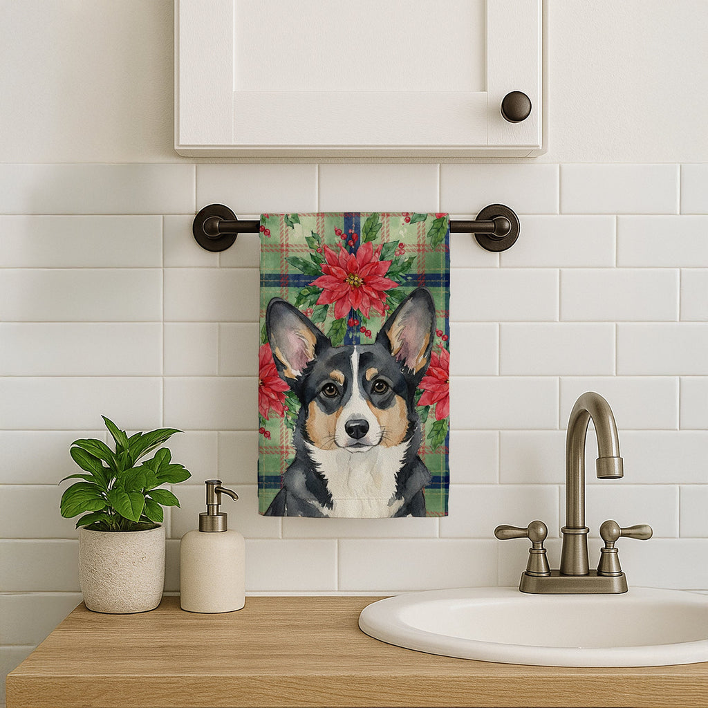 Black and White Cardigan Welsh Corgi Christmas PoinsettIas Kitchen Towel Velour Plush Front and Cotton Loop Back Machine Washable