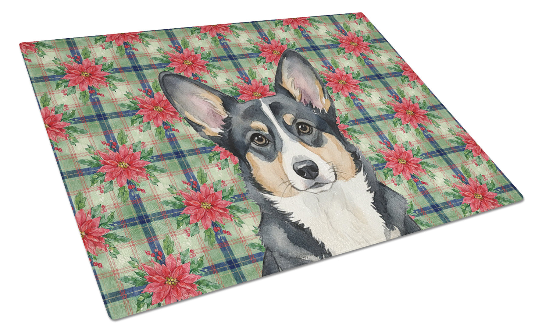 Black and White Cardigan Welsh Corgi Christmas PoinsettIas Cutting Board Tempered Glass Kitchen Cutting Surface, Heat Resistant Chopping, Non-Slip Feet, Food Prep & Serving