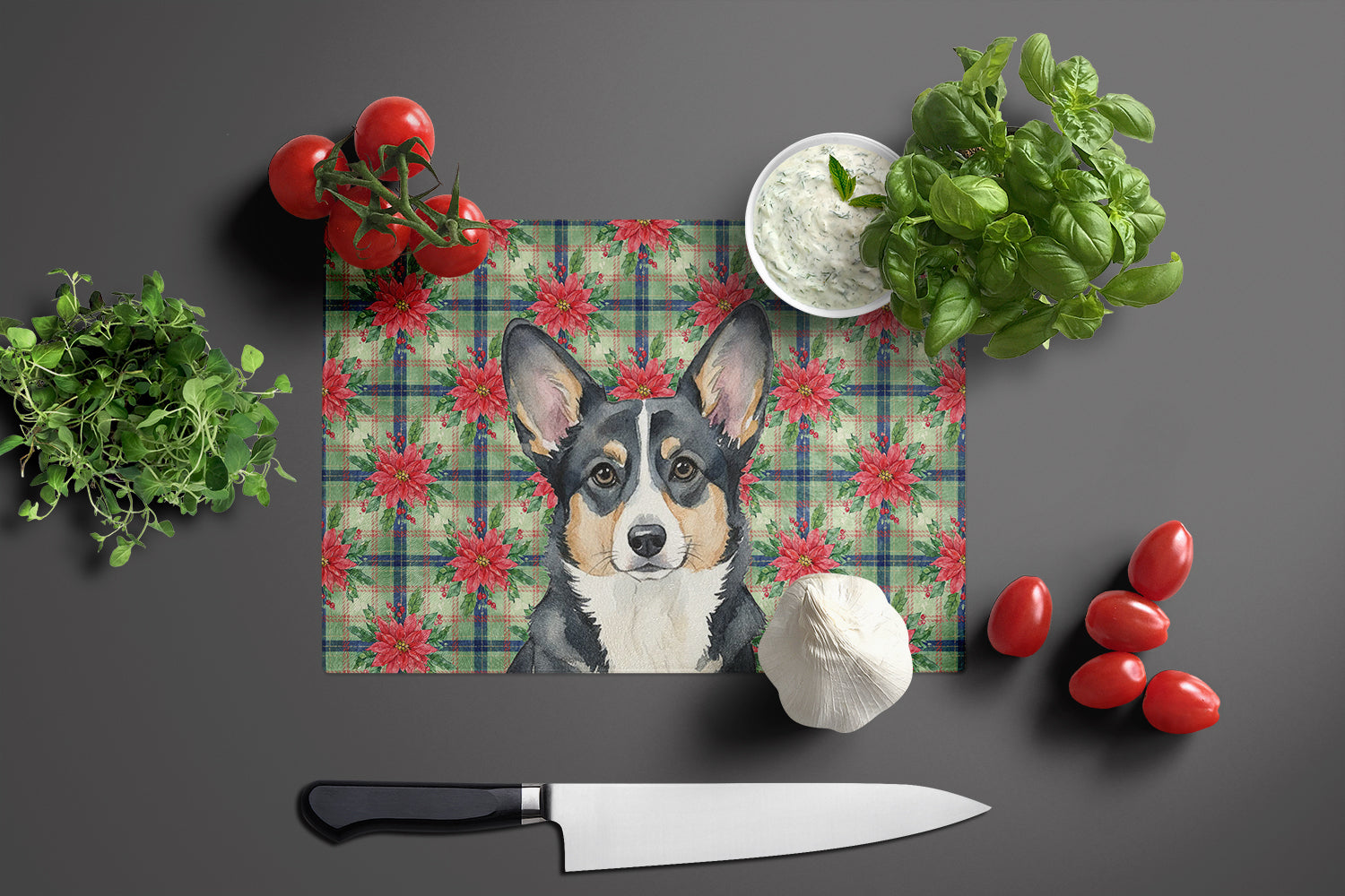 Black and White Cardigan Welsh Corgi Christmas PoinsettIas Cutting Board Tempered Glass Kitchen Cutting Surface, Heat Resistant Chopping, Non-Slip Feet, Food Prep & Serving