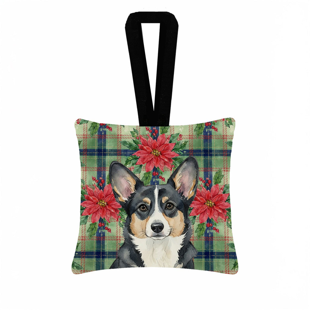 Black and White Cardigan Welsh Corgi Christmas PoinsettIas Hanging Square Fabric Ornament 3.5 � 3.5 Decorative Door-Knob & Tree Hanger, Soft Fabric