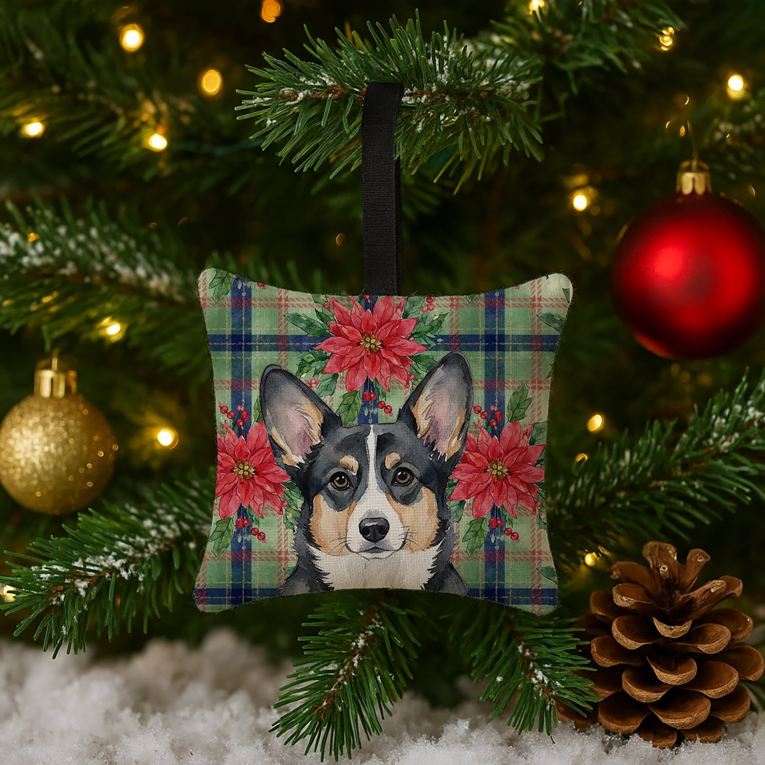 Black and White Cardigan Welsh Corgi Christmas PoinsettIas Hanging Square Fabric Ornament 3.5 � 3.5 Decorative Door-Knob & Tree Hanger, Soft Fabric