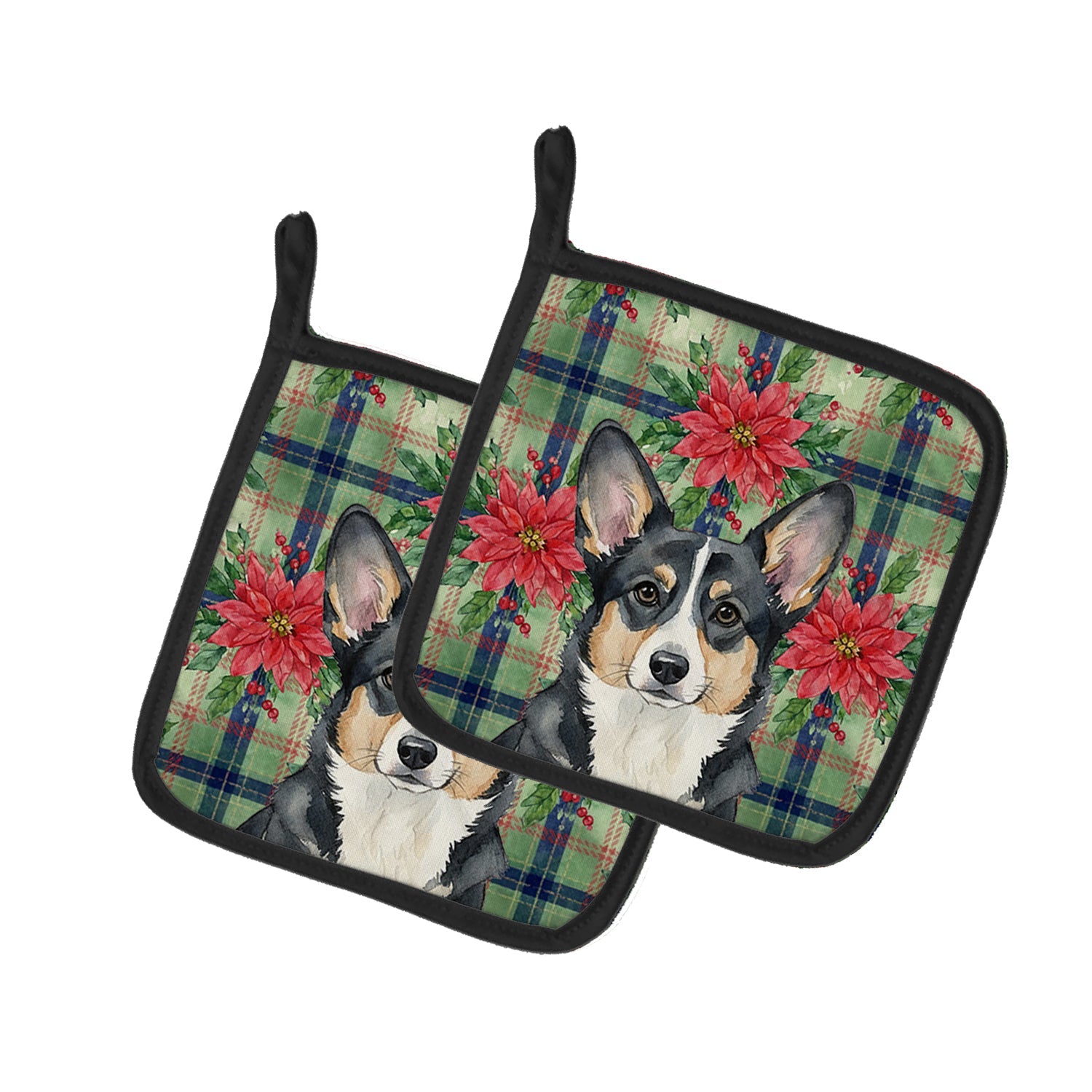 Black and White Cardigan Welsh Corgi Christmas PoinsettIas Pot Holder Set of 2 Heat Resistant Quilted Hot Pads 7.5 x 7.5 Inch, Insulated Kitchen Trivets for Cooking & Baking